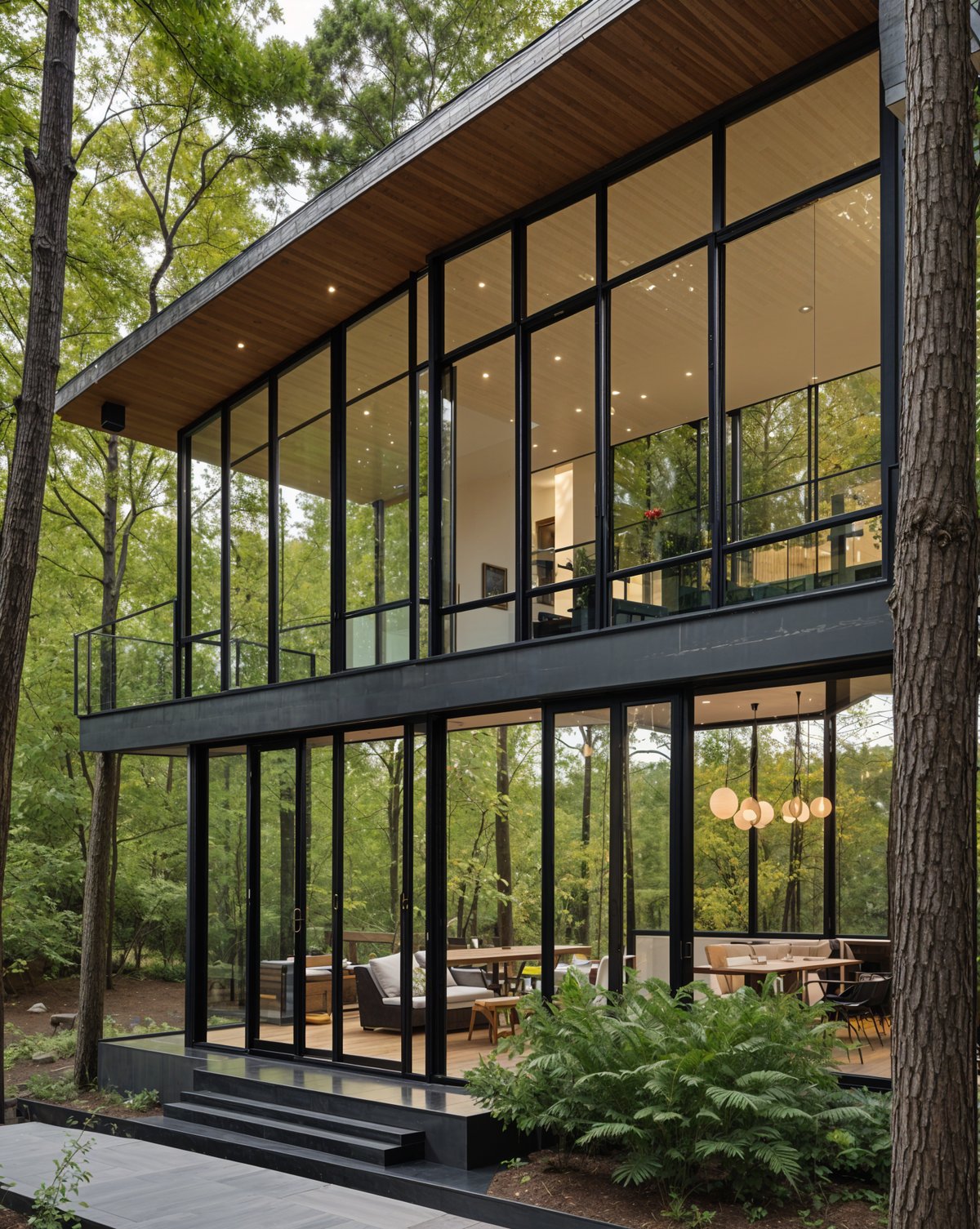 A modern house exterior with a large glass wall and a deck overlooking the woods.