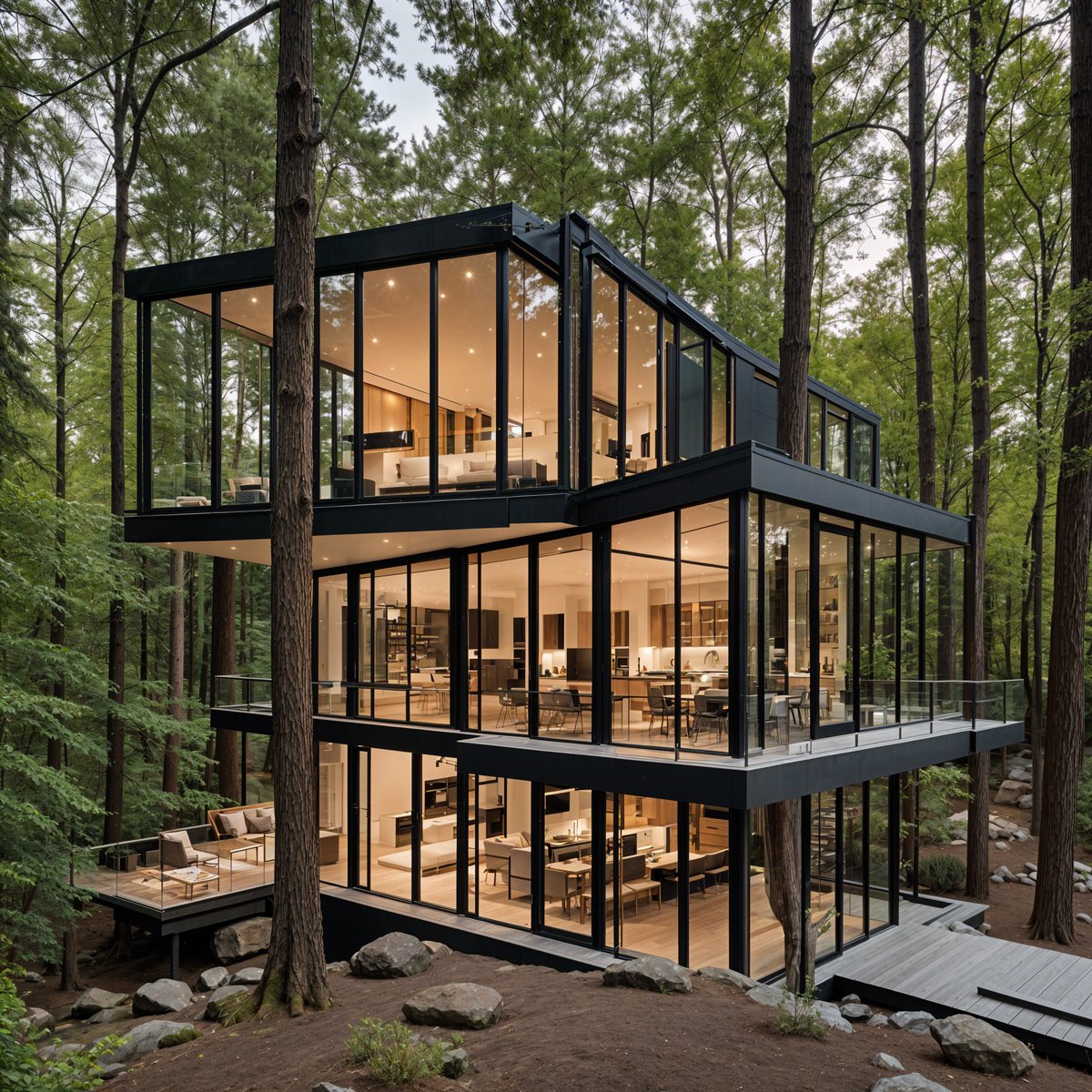 Modern house exterior with a treehouse-like design and large glass wall.