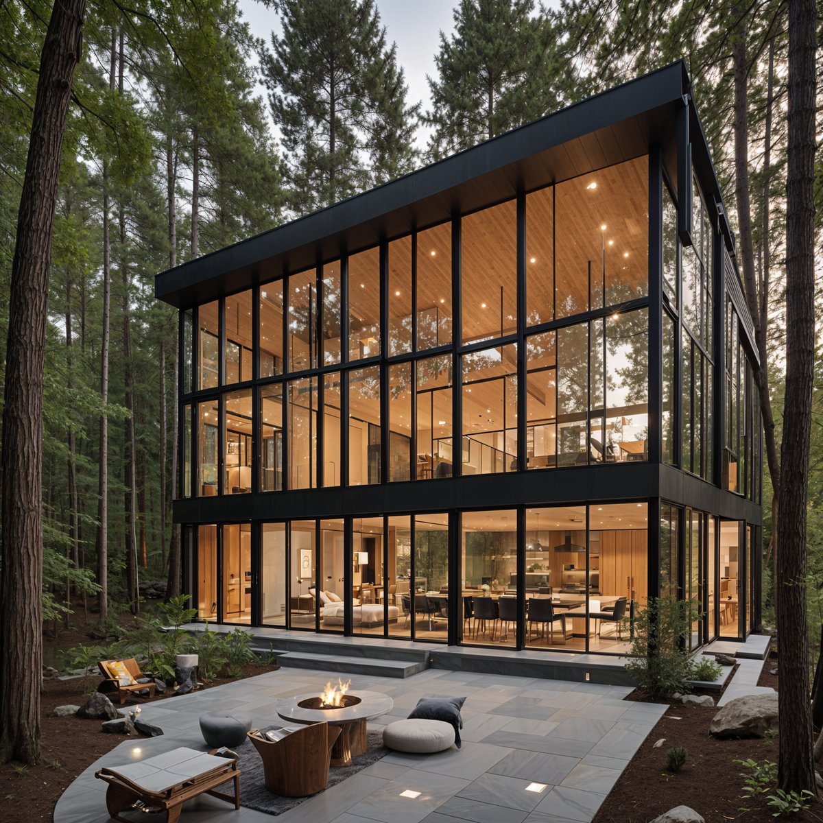 Modern house with a large glass wall and a fire pit in the backyard