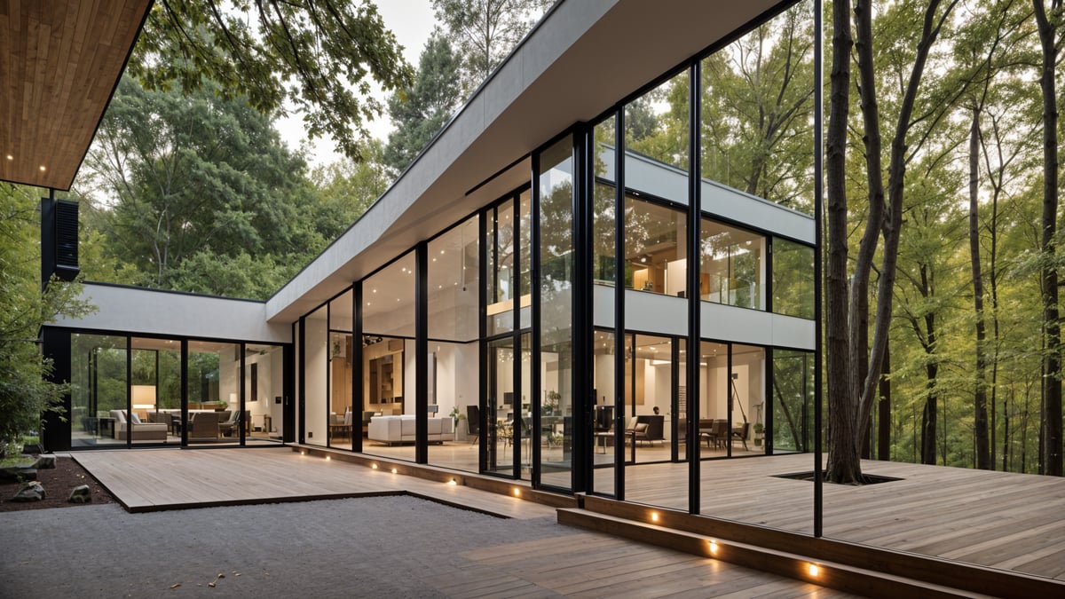 A modern house exterior with a large glass wall and a wood deck, surrounded by trees.