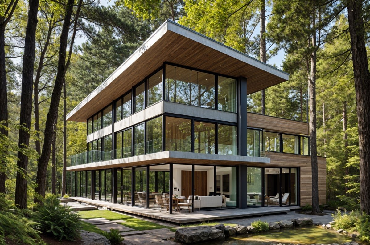 Modern house exterior with large glass wall and wooden roof. Surrounded by trees and featuring a spacious deck.