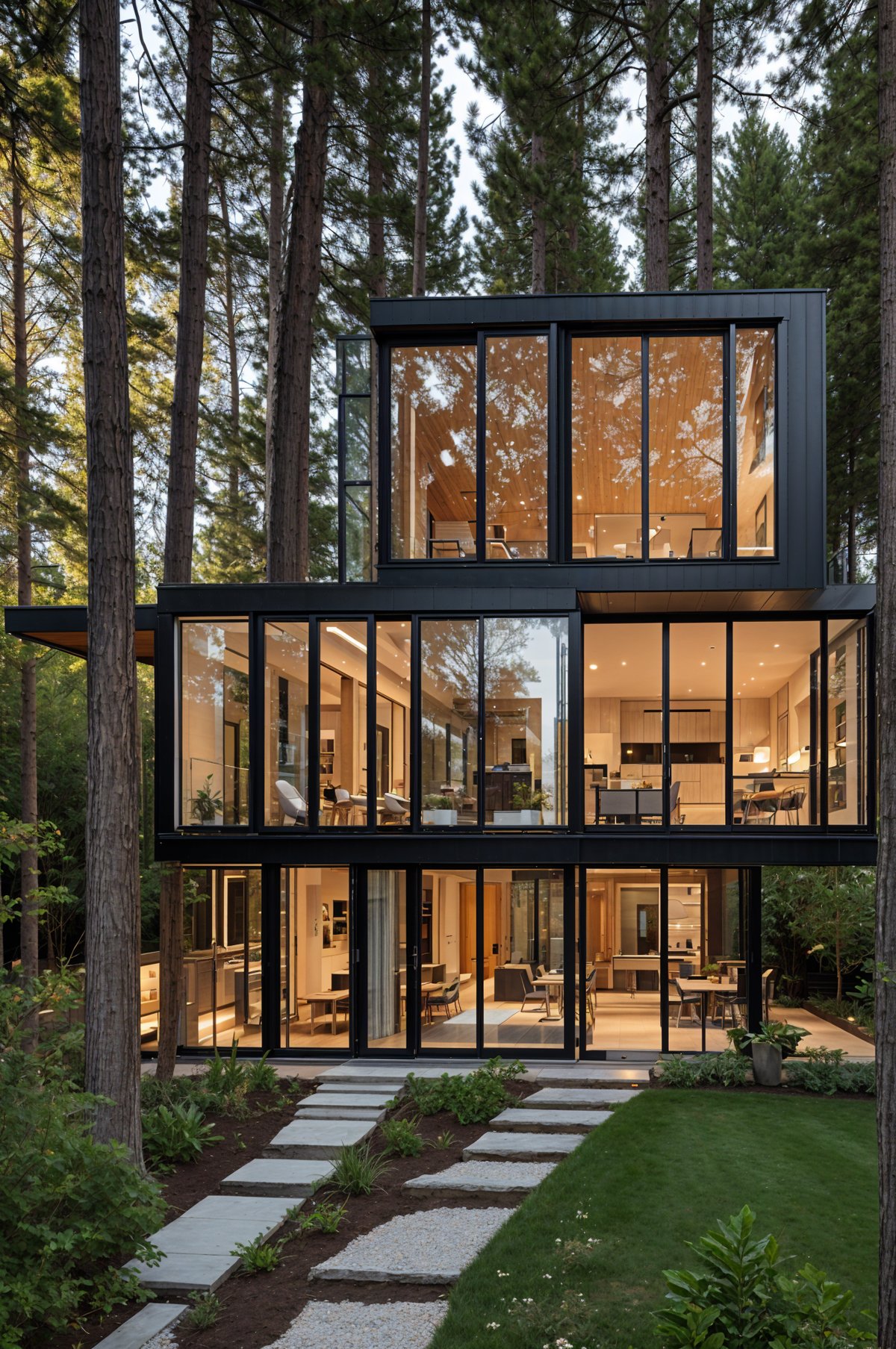 A modern house exterior with a tree growing through the middle of the structure.