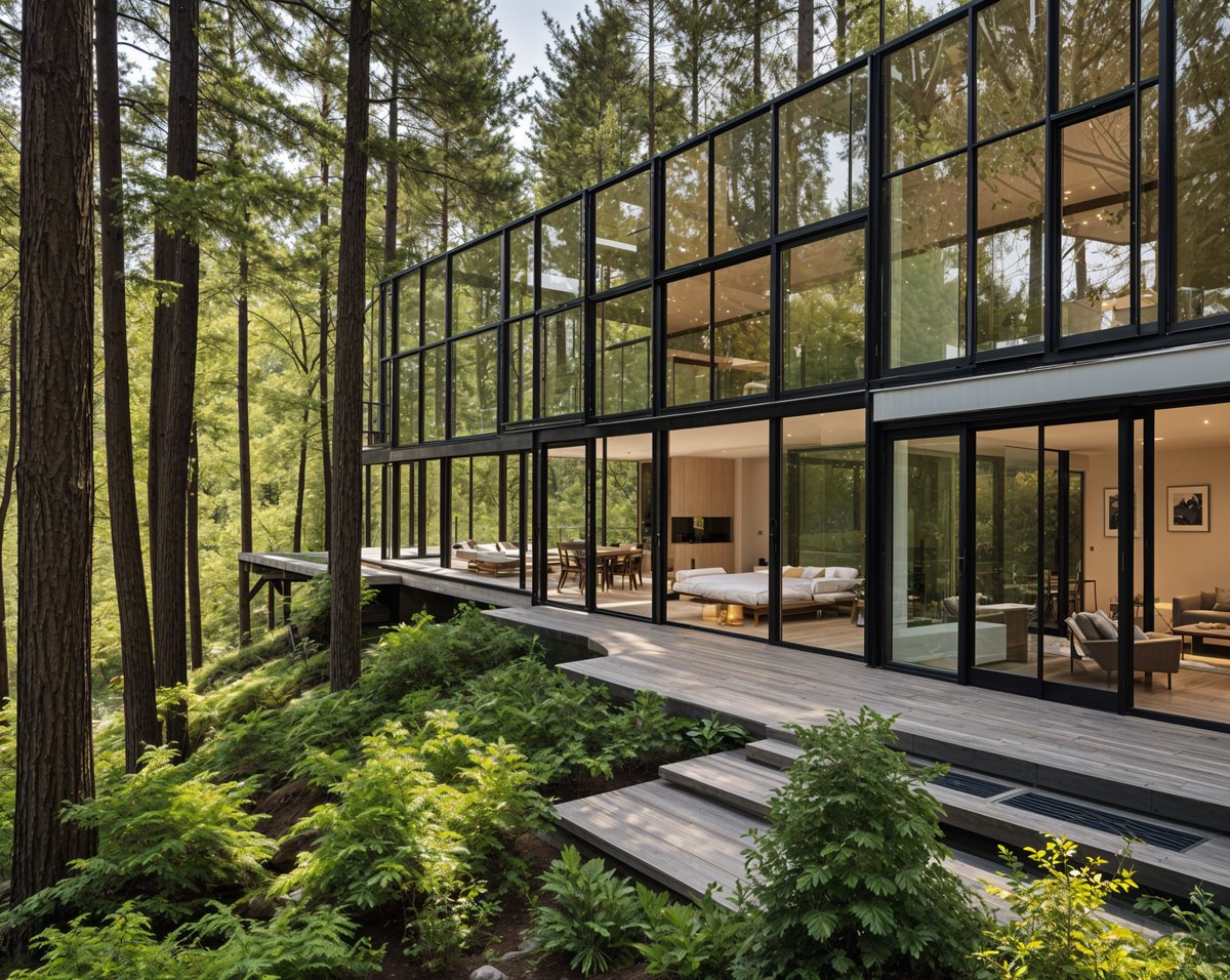 A modern house exterior with a large glass wall and a deck overlooking the forest.