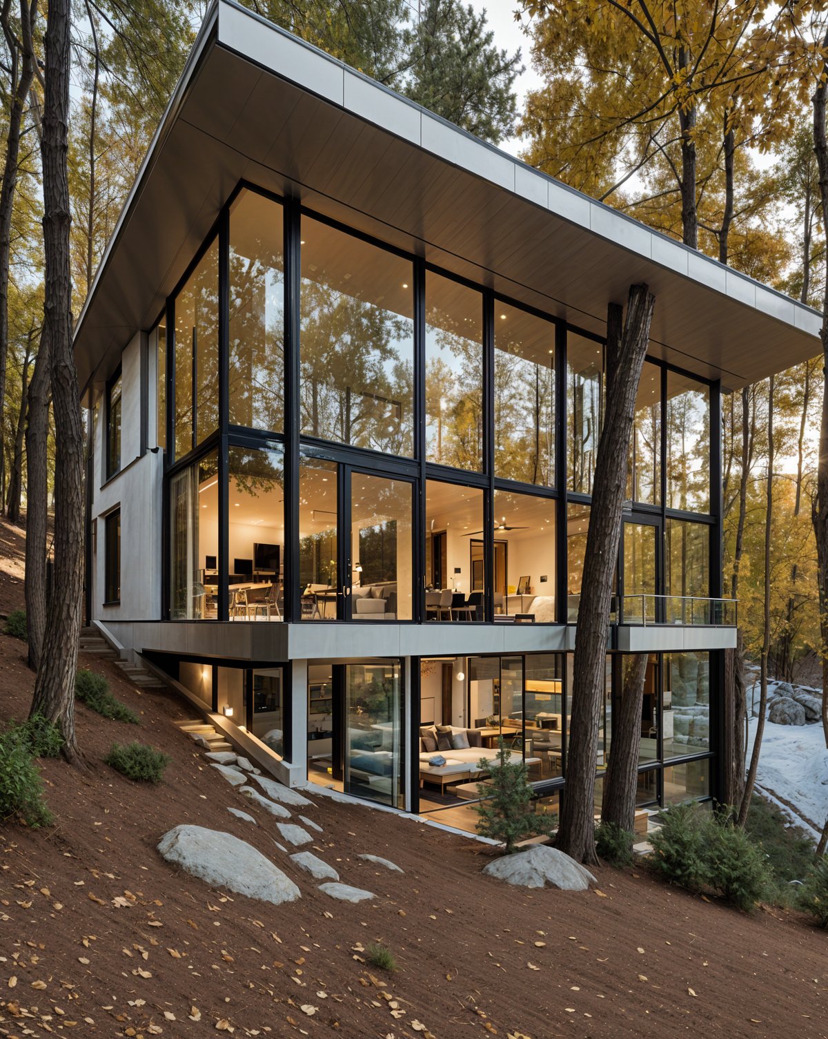 A modern house exterior with a large glass wall and a rocky hillside. The house is surrounded by trees and has a deck overlooking the woods.