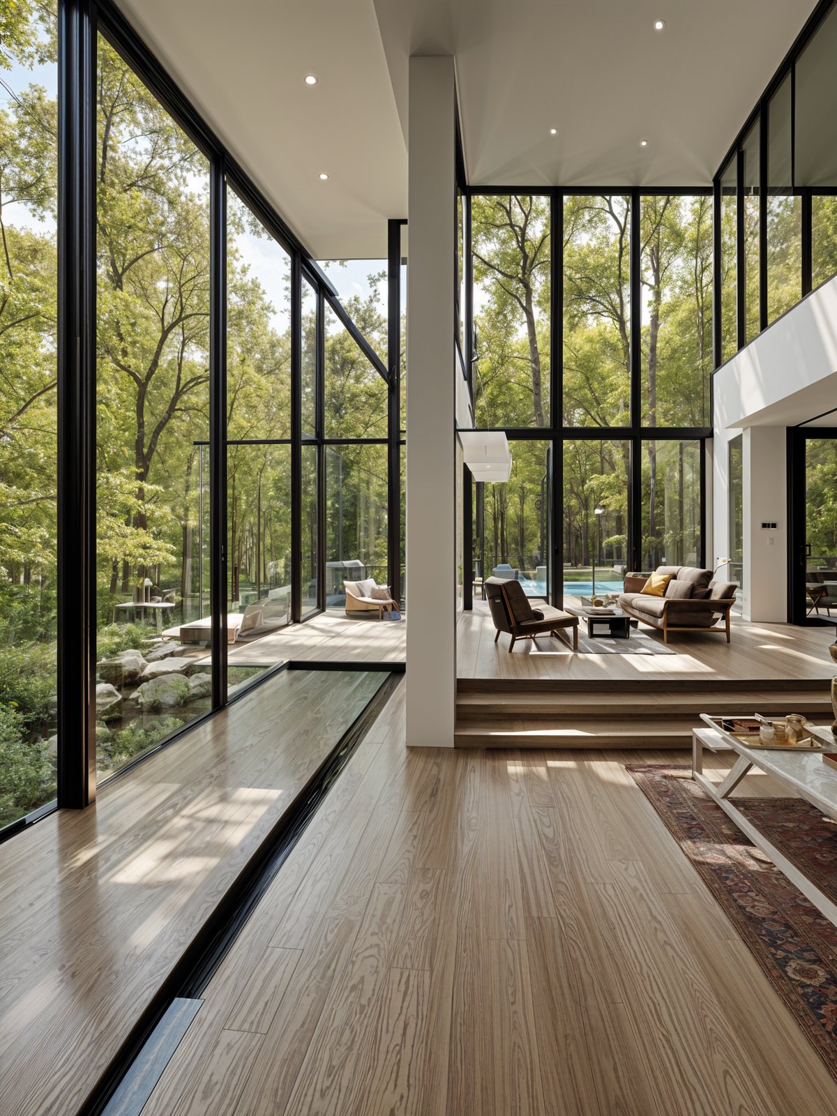 Modern house exterior with large windows and a spacious living room