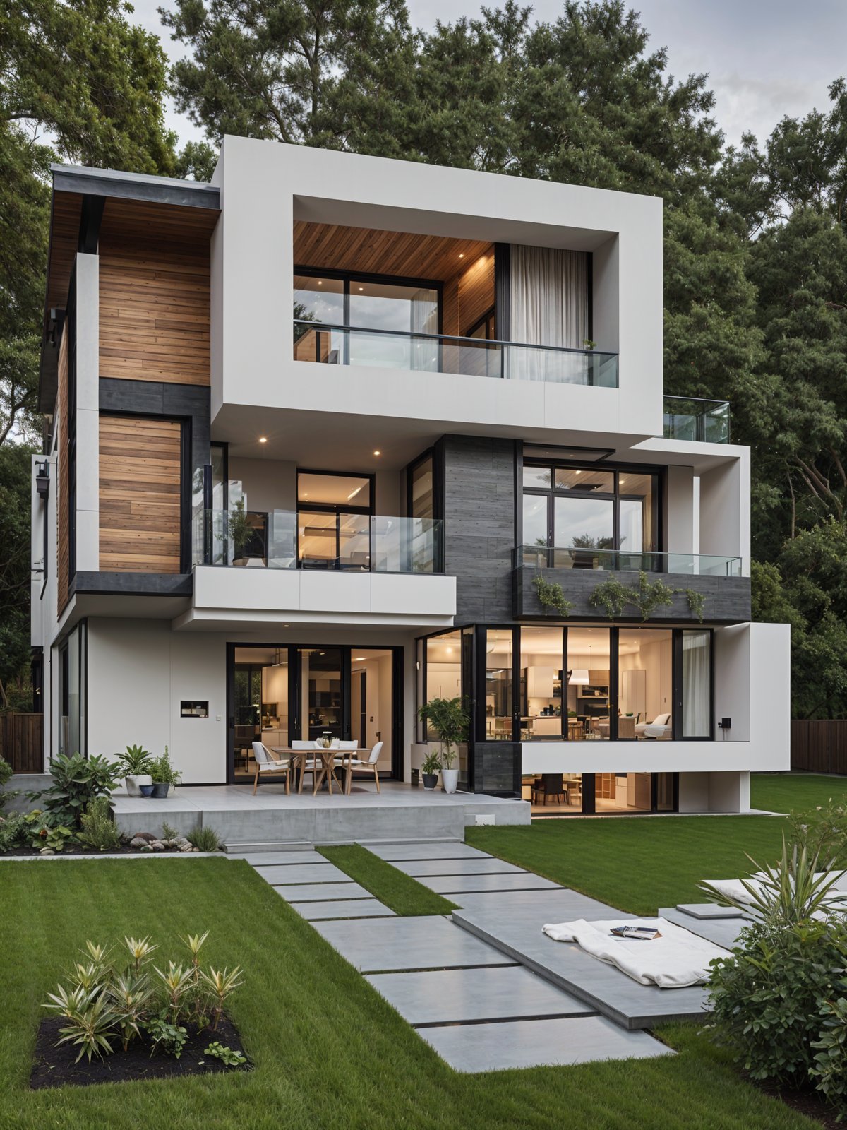 A modern house exterior with a large patio and a garden. The house has a white and grey color scheme and features a lot of windows. The patio has a dining table and chairs, and a potted plant. The garden is well-maintained and adds to the overall aesthetic of the house.