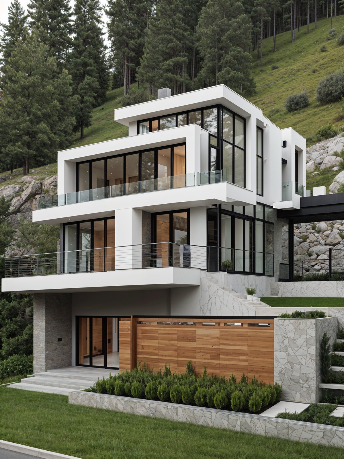 A modern house exterior with a white and black color scheme, featuring a large glass wall and a wooden garage door. The house is situated on a hill with a grassy area surrounding it.