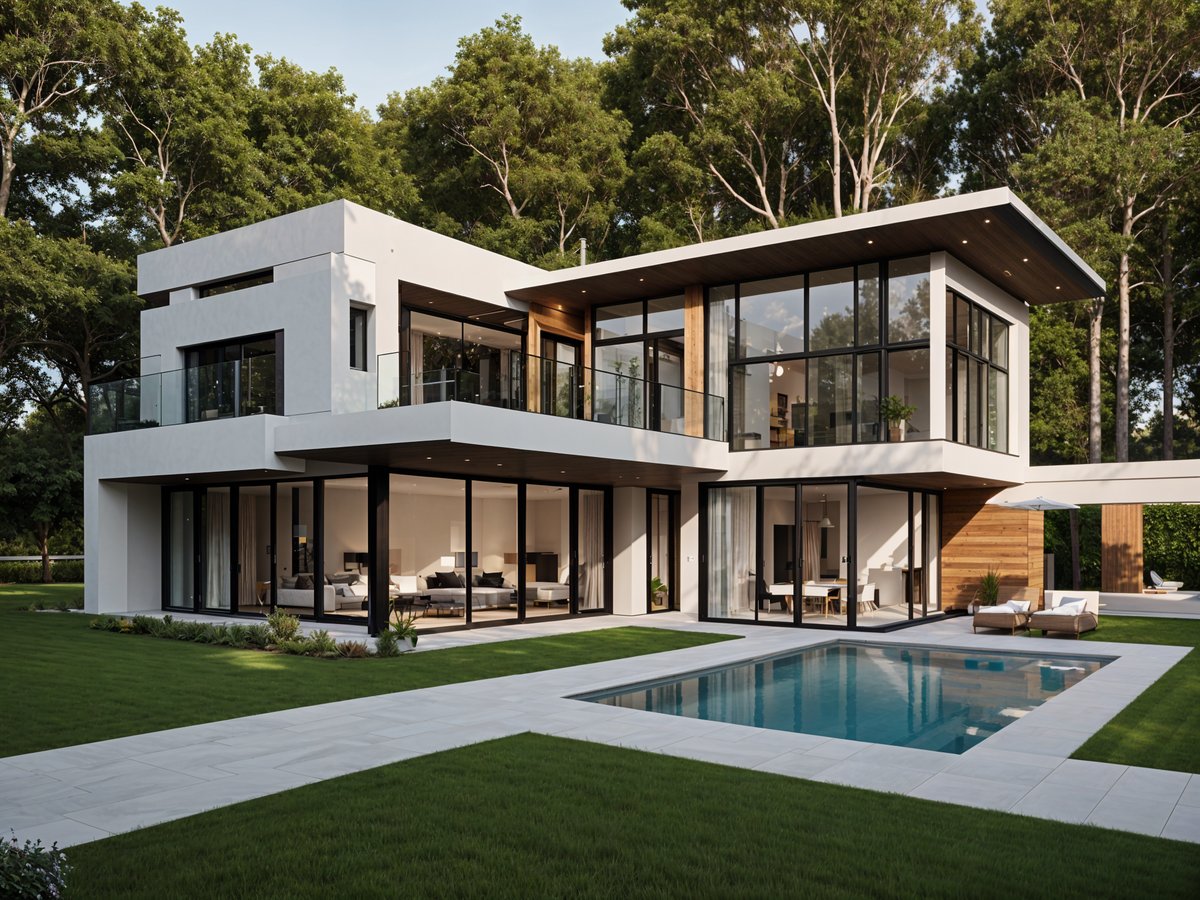 Modern house exterior with a pool and a hot tub