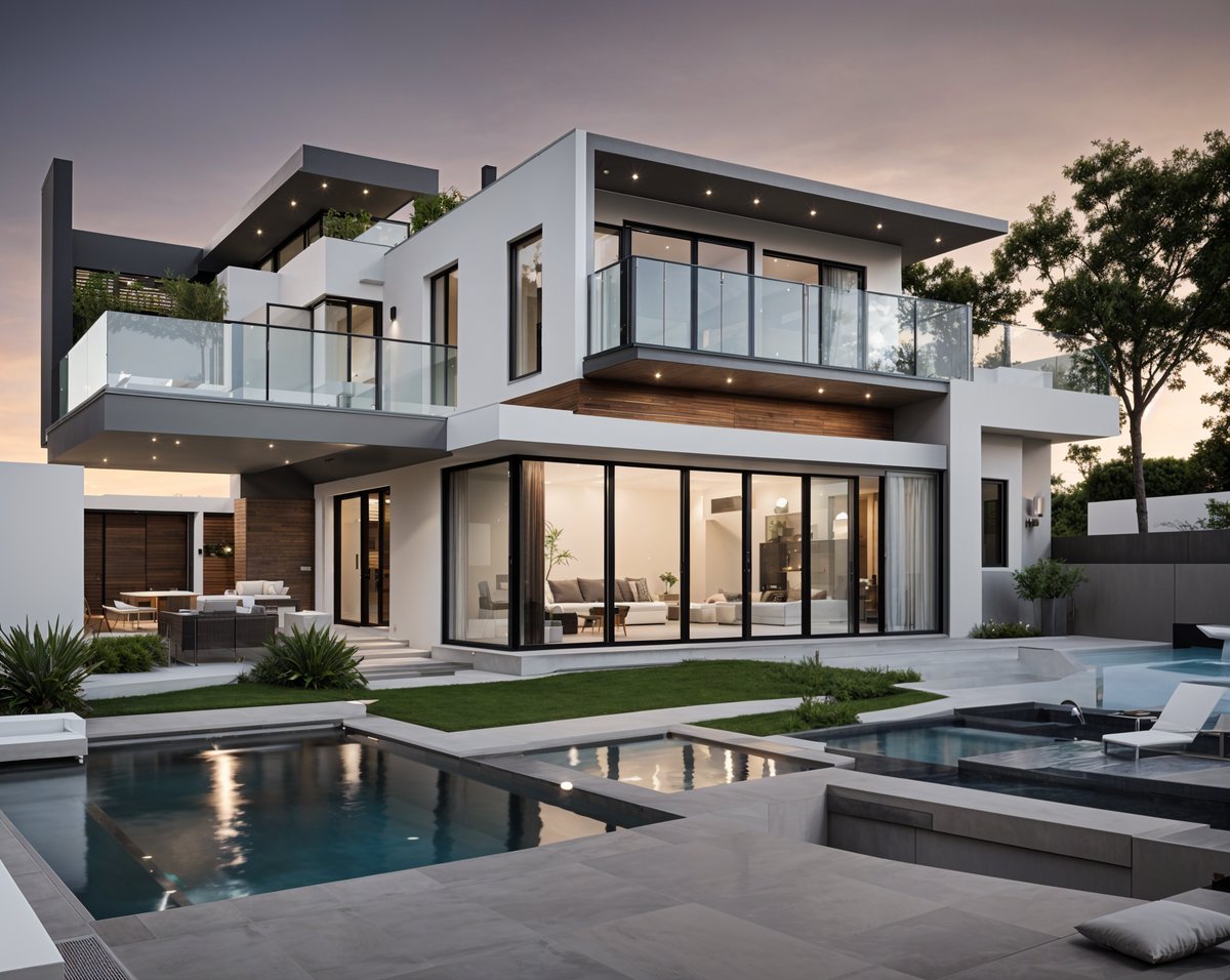 A large white house with a pool and a patio. The house has a modern design with a lot of windows and a glass balcony. The pool is located in the backyard and is surrounded by a patio area with chairs and a couch. The house also has a large deck on the second floor, providing a great view of the surroundings.