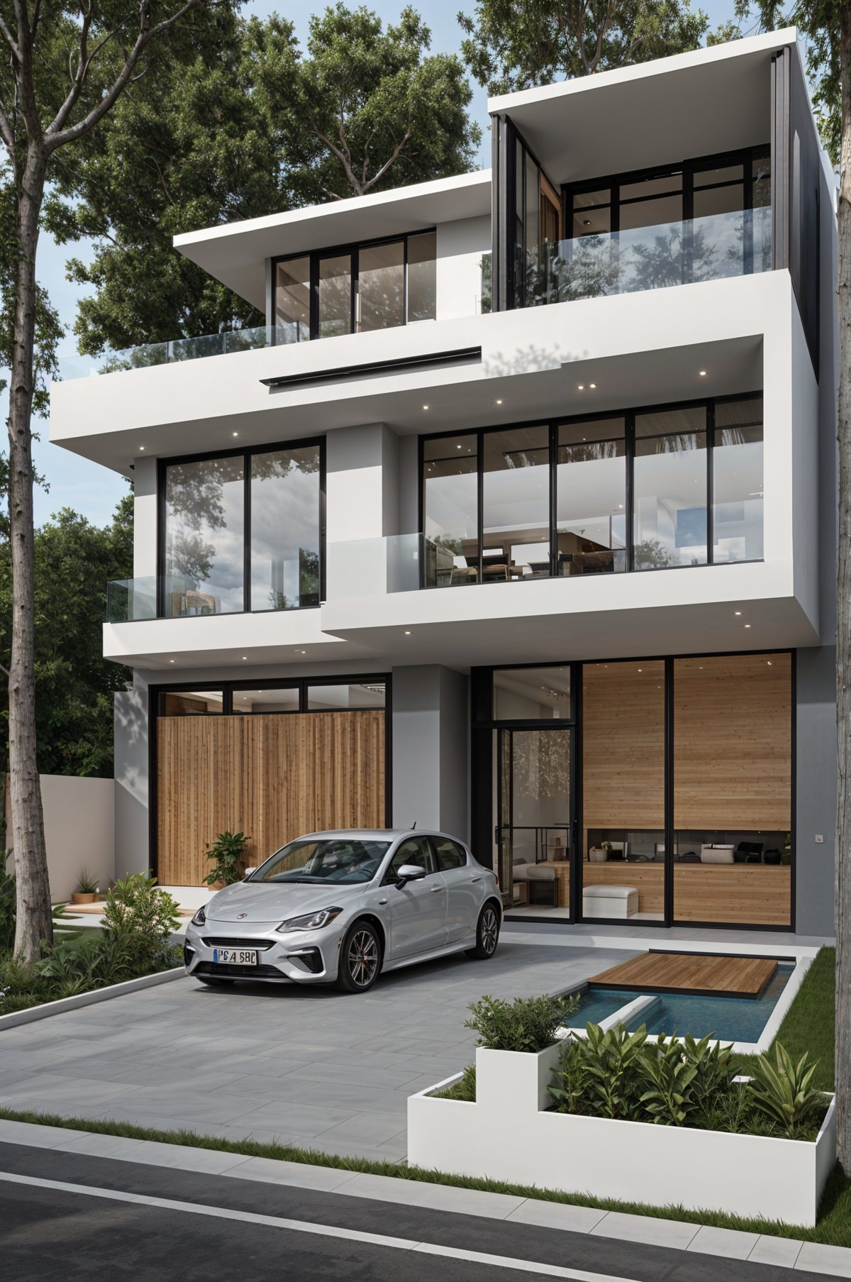 A white car parked in front of a modern house exterior with a large deck and swimming pool.