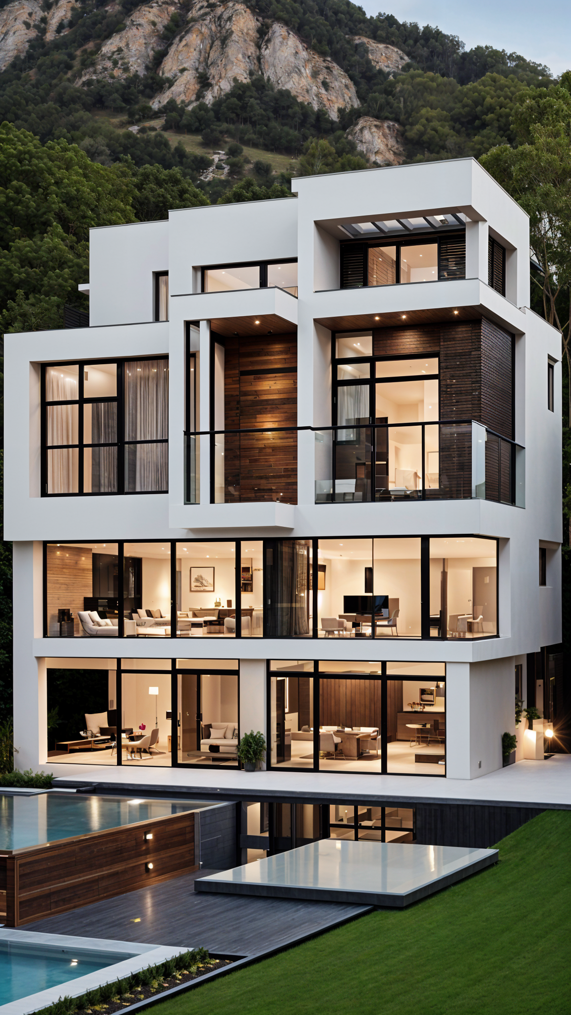 A modern house exterior with a large glass wall and a comfortable living space inside.