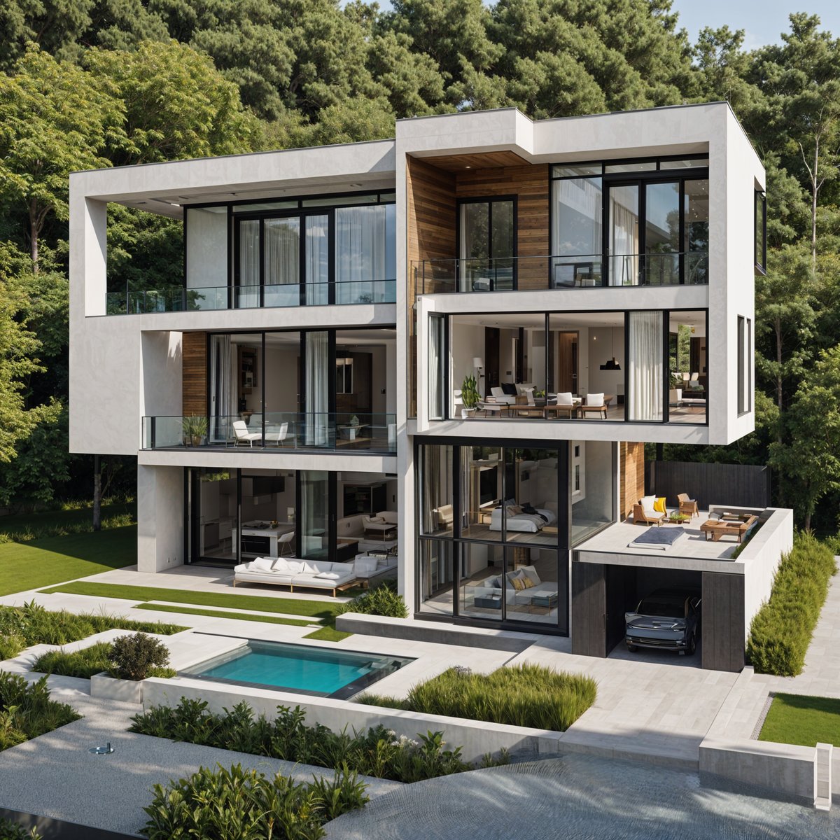 Modern house exterior with pool, garage, and deck. White house with trees in the background.