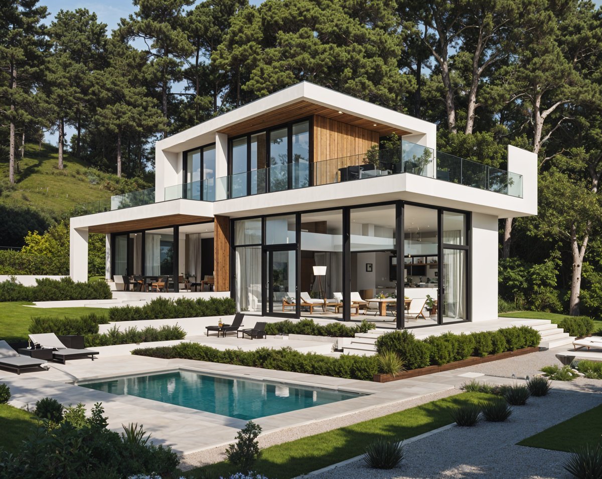 Modern house exterior with pool and deck