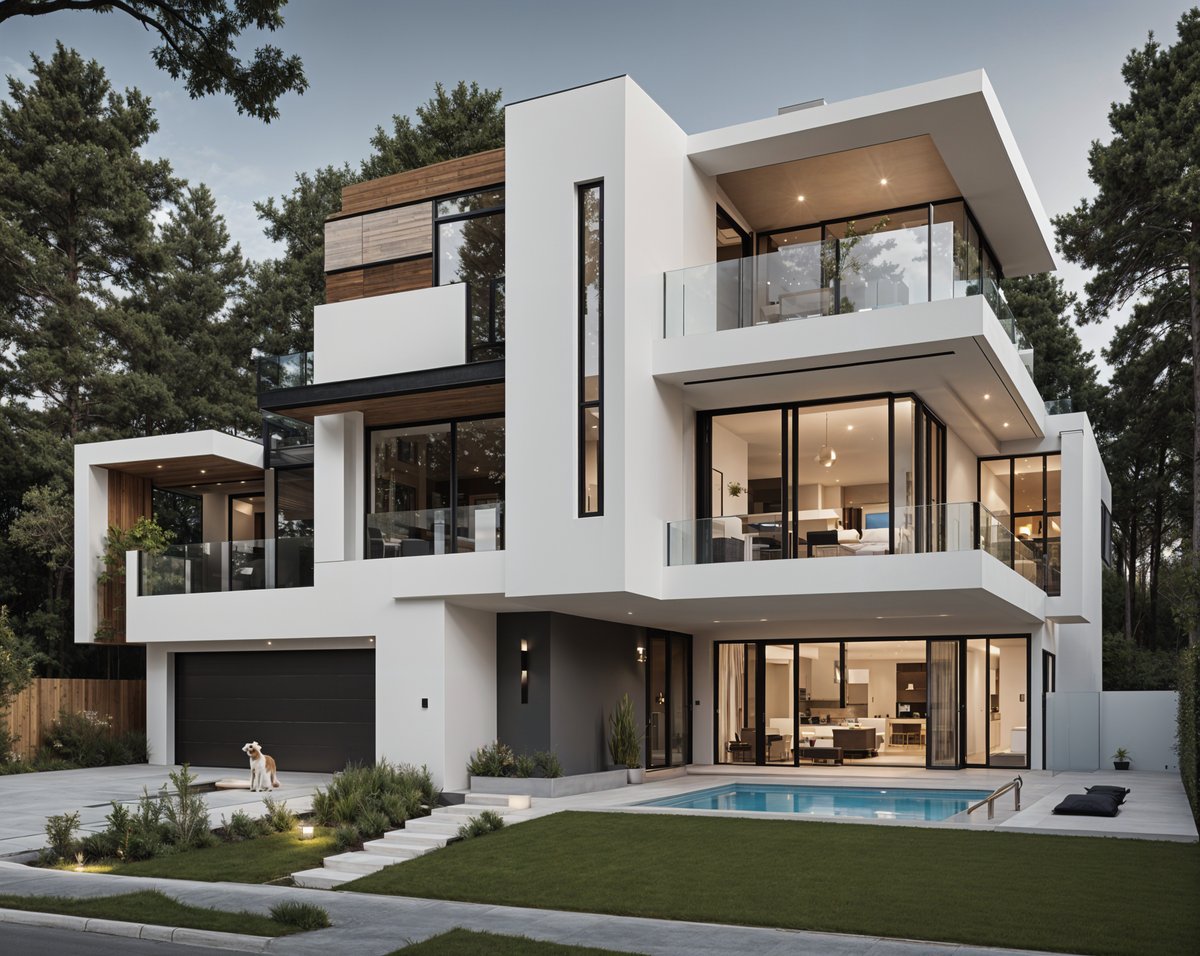 Modern house exterior with a swimming pool and a black and white color scheme.