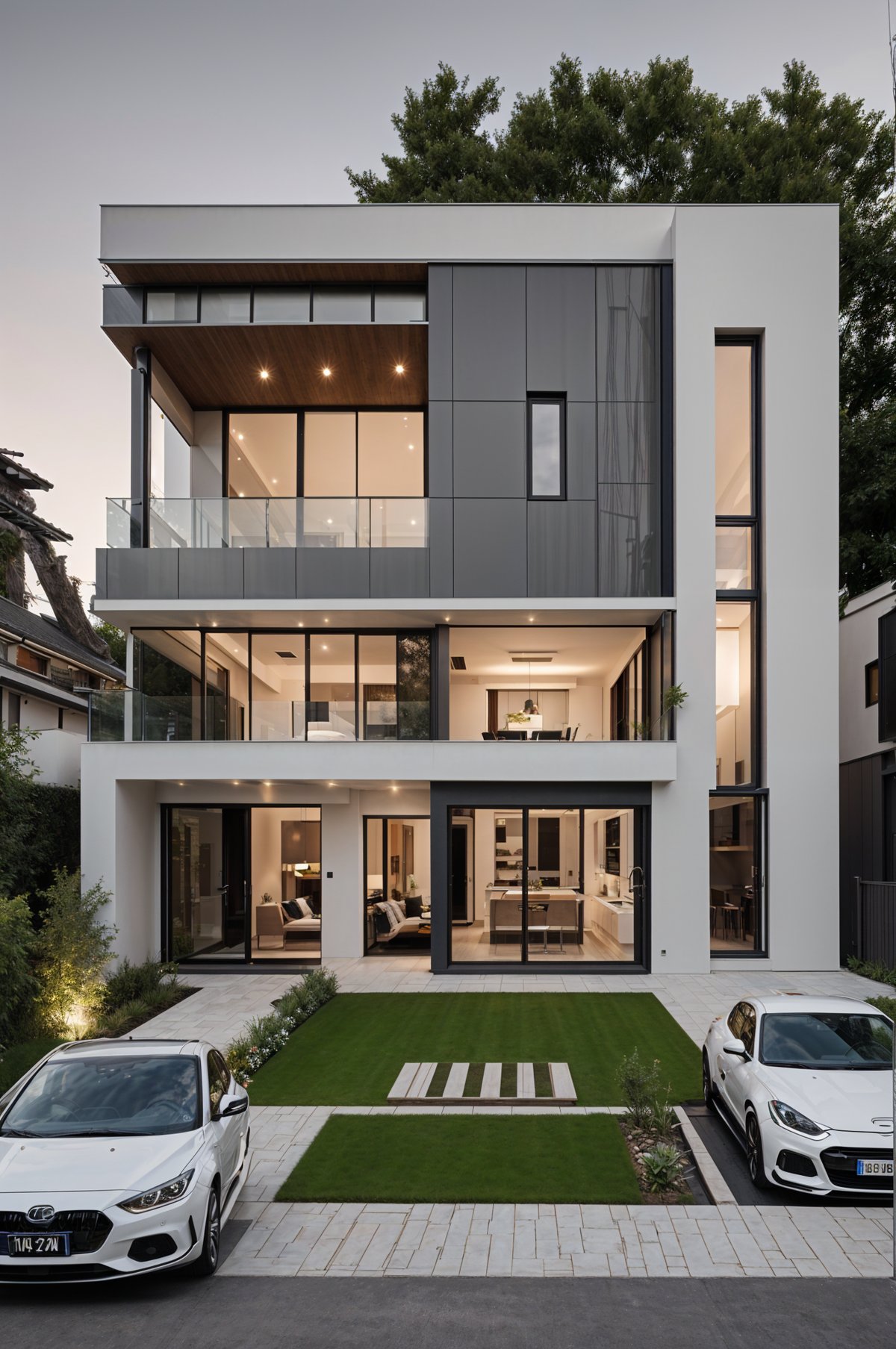 Modern house exterior with a white and grey color scheme, large glass wall, and balcony on the second floor.