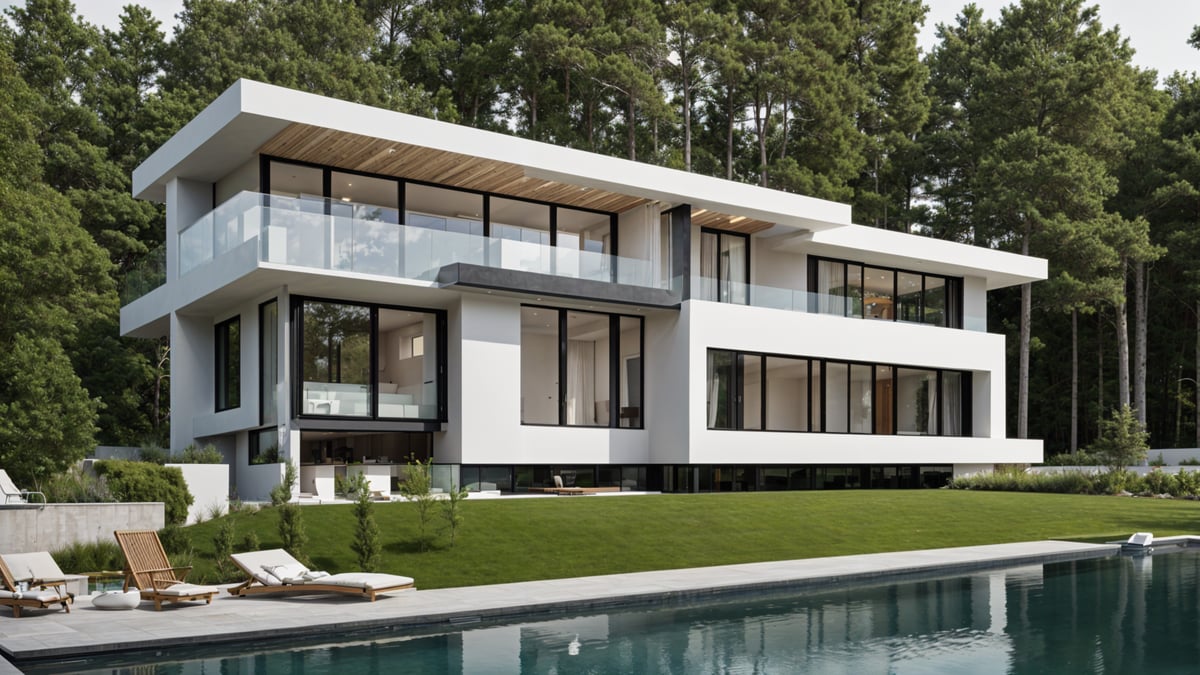 A modern house exterior with a large pool and a deck. The house is white and has many windows. The deck is made of wood and has a lounge chair on it.