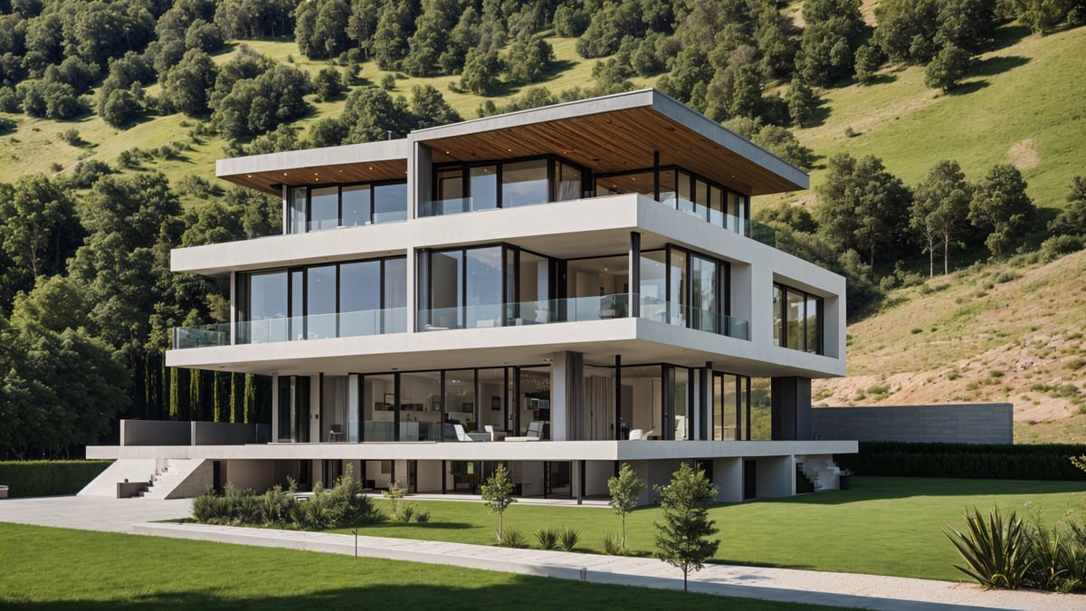 A modern white house with a large deck and grassy yard, situated on a hillside.