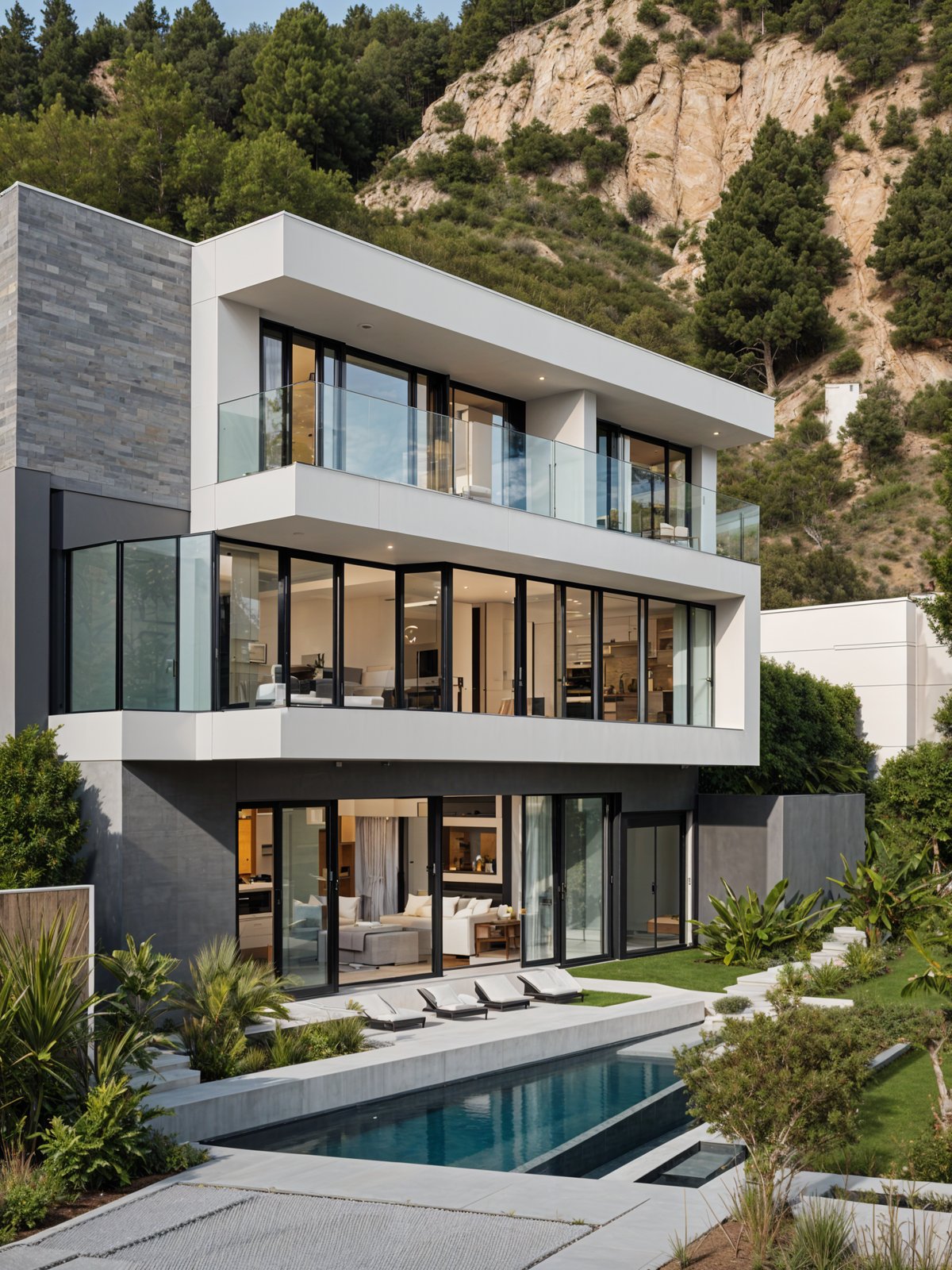 A modern house exterior with a swimming pool and a large glass wall.