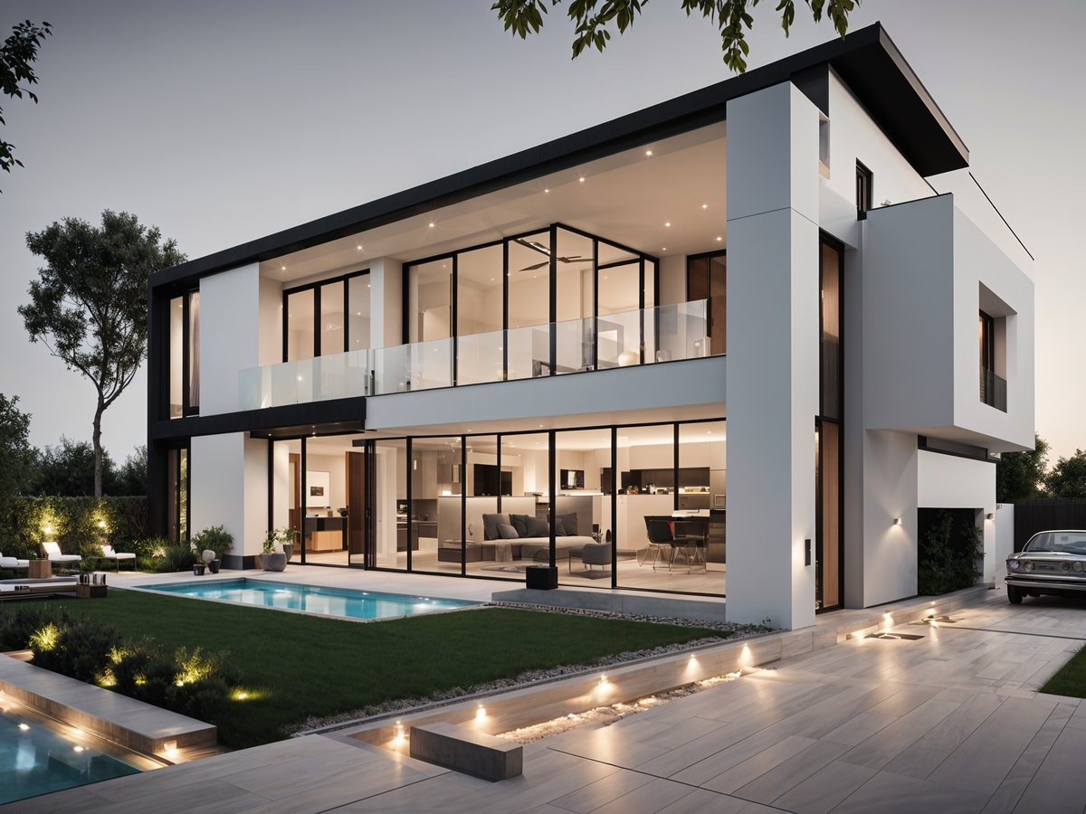 Modern house exterior with a pool and glass wall