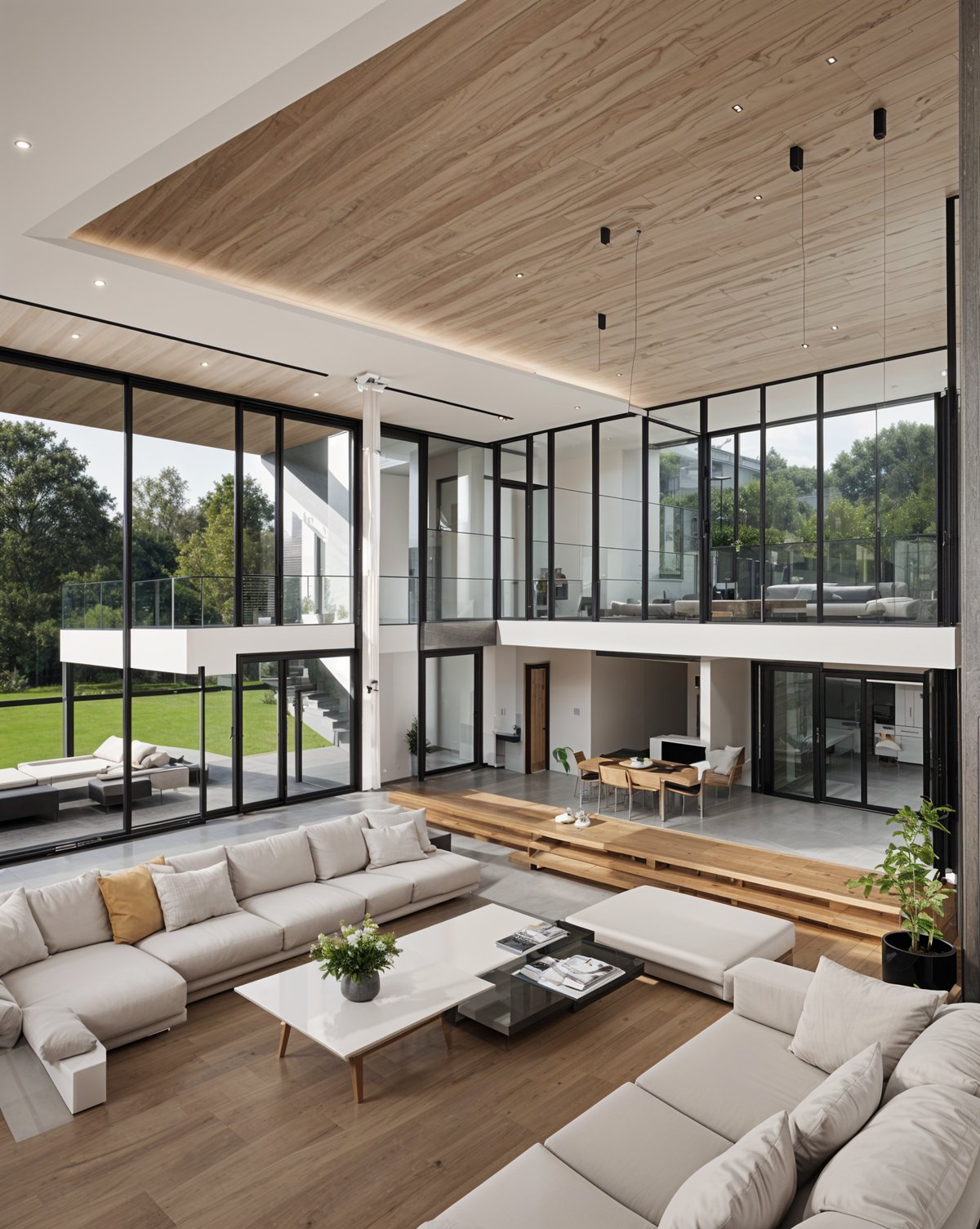 Modern house exterior with a large open floor plan, including a living room, dining area, and balcony.