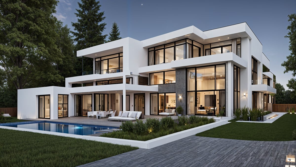 Modern house exterior with pool and deck