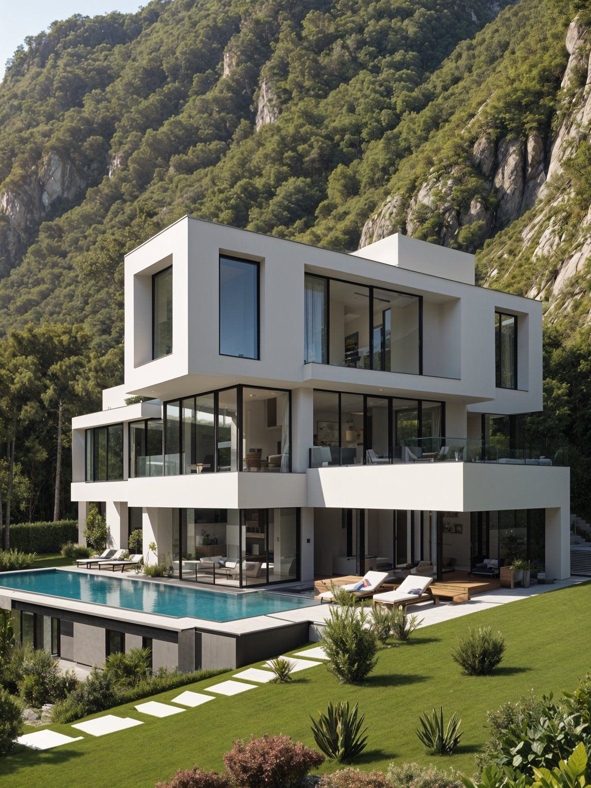 A modern white house with a large pool and deck area.