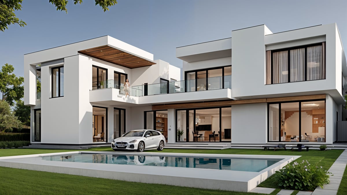 A modern house exterior with a white car parked in front of it. The house has a large swimming pool and is surrounded by green grass.