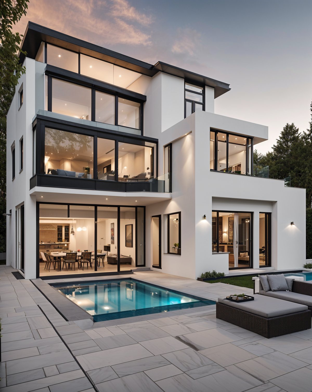 A modern house exterior with a pool and a large white building. The house has a glass wall and a large window that overlooks the pool.