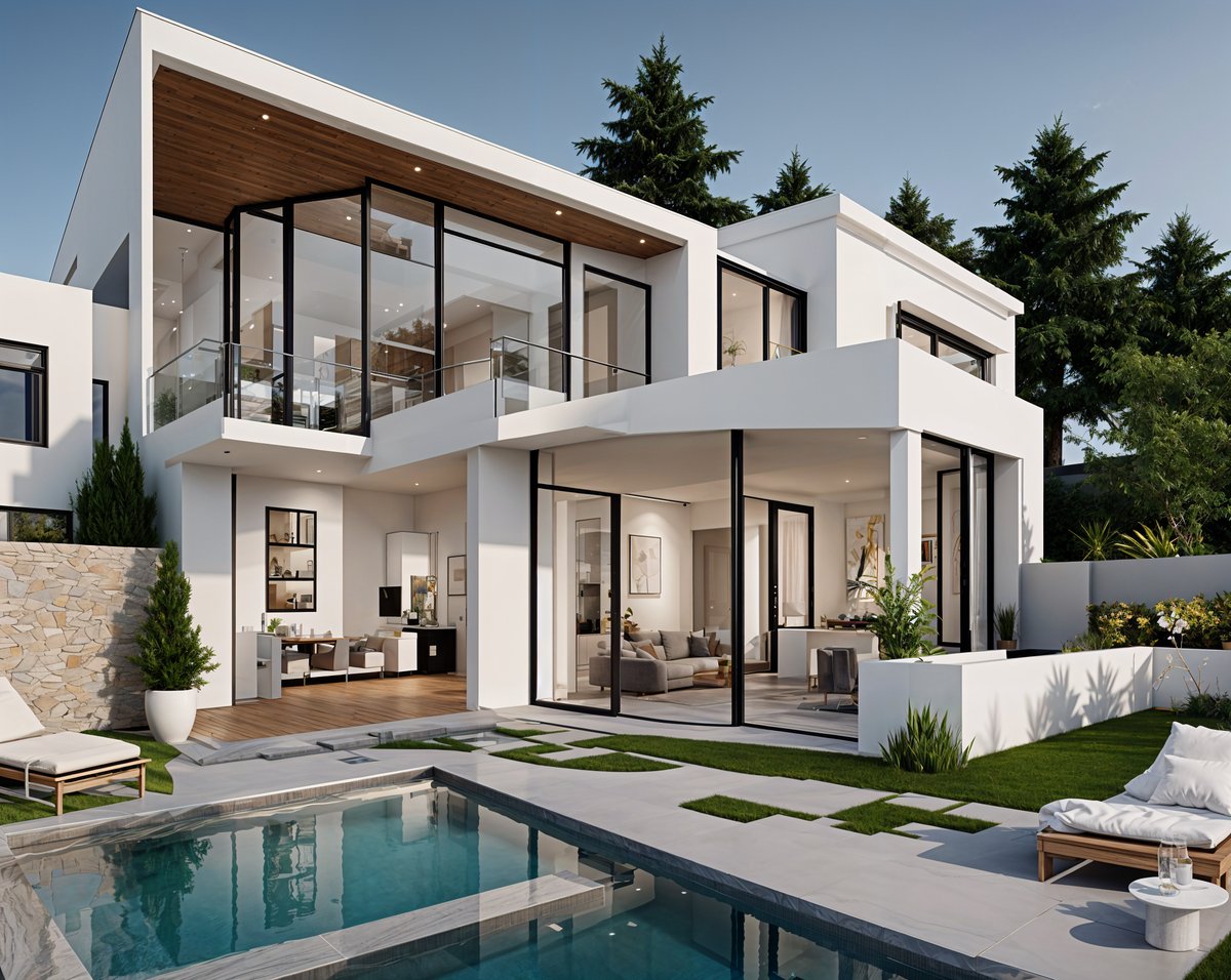 A modern house exterior with a large pool, glass windows, and a white color scheme.