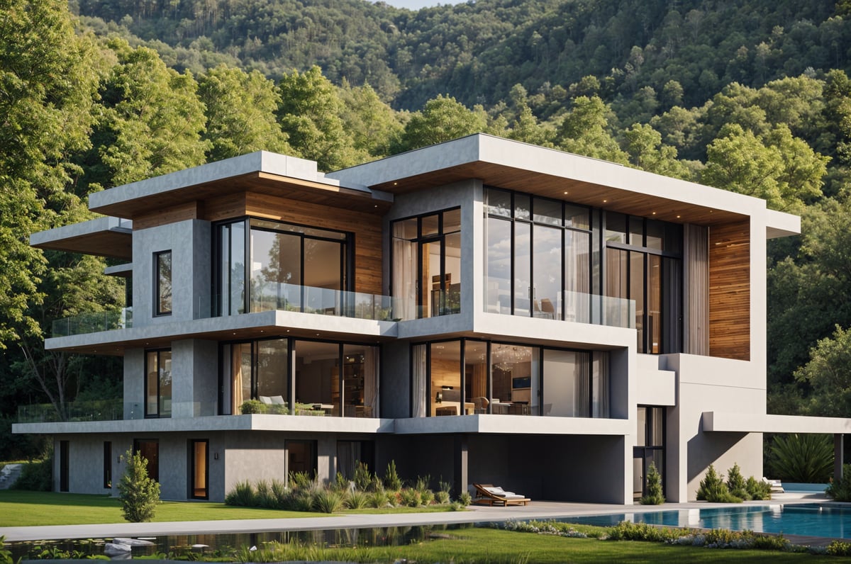 A modern house exterior with a black car parked in front of it.