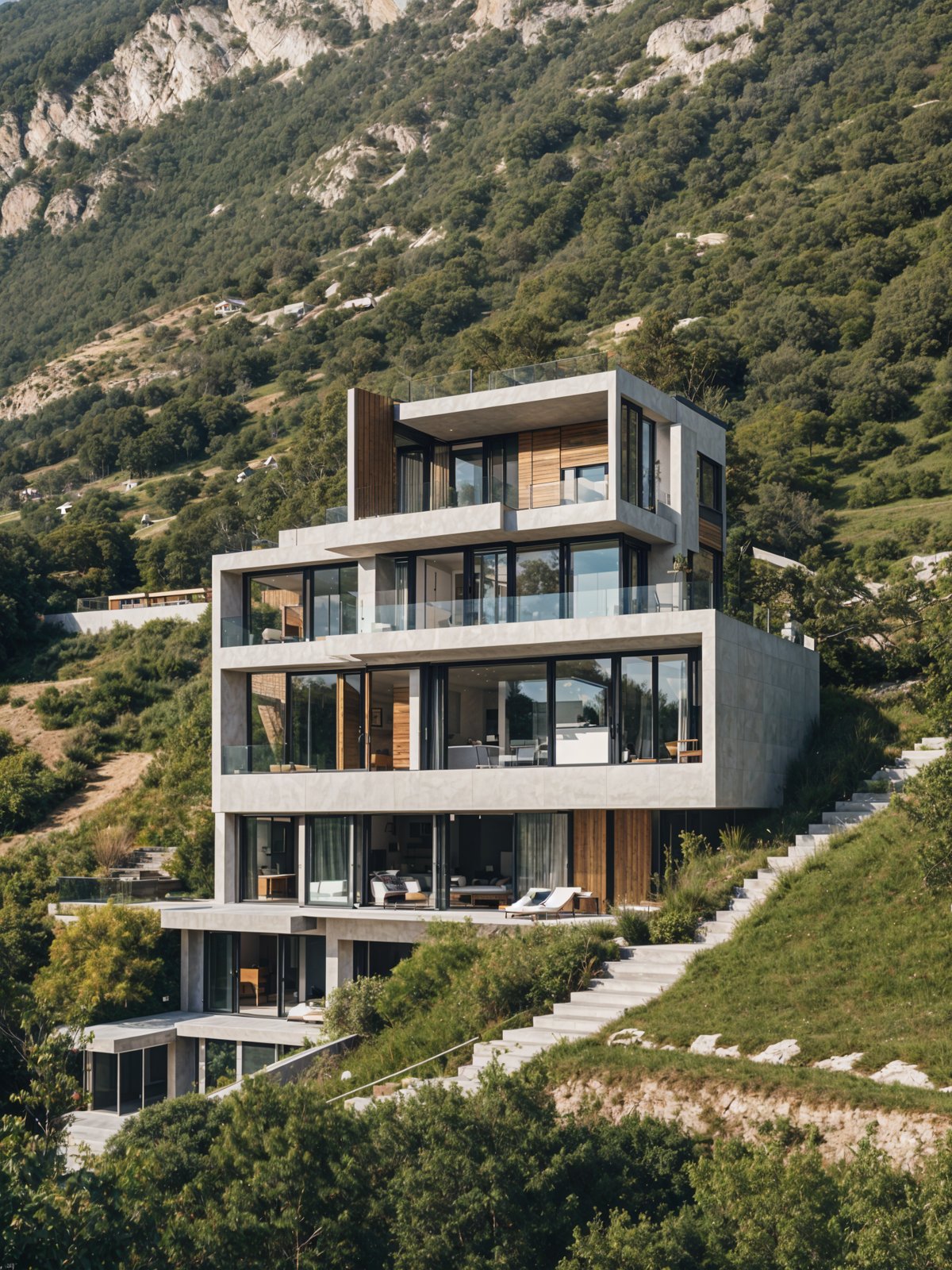 A modern house with a large deck and stairs, surrounded by greenery and a forest.