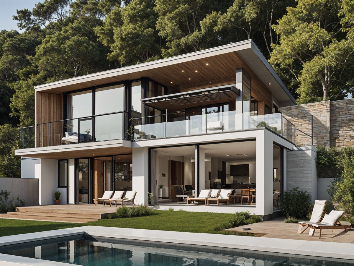 A modern house exterior with a large deck and swimming pool, featuring a white and wood design.