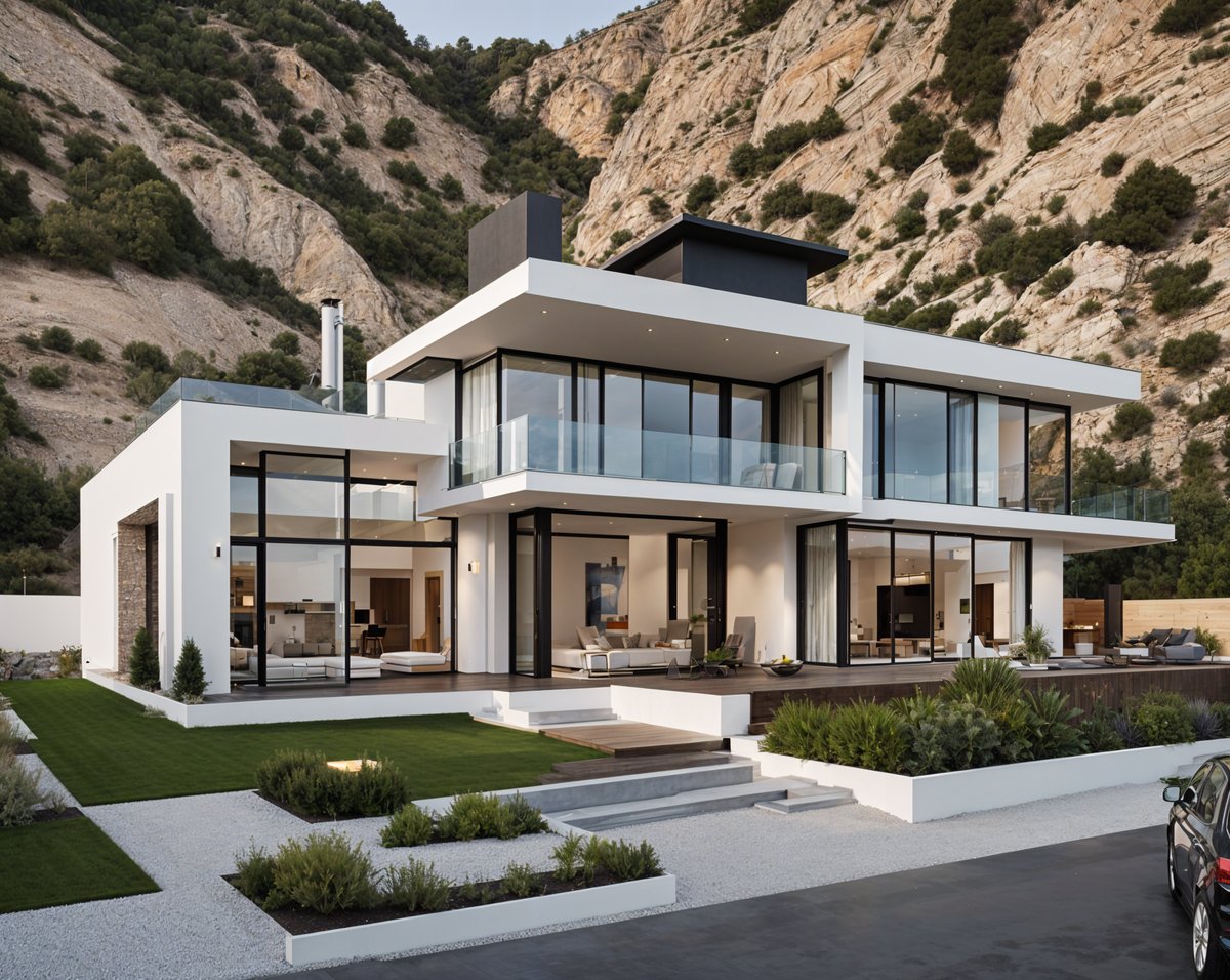 A modern house exterior with a large glass wall and balcony on a hillside.