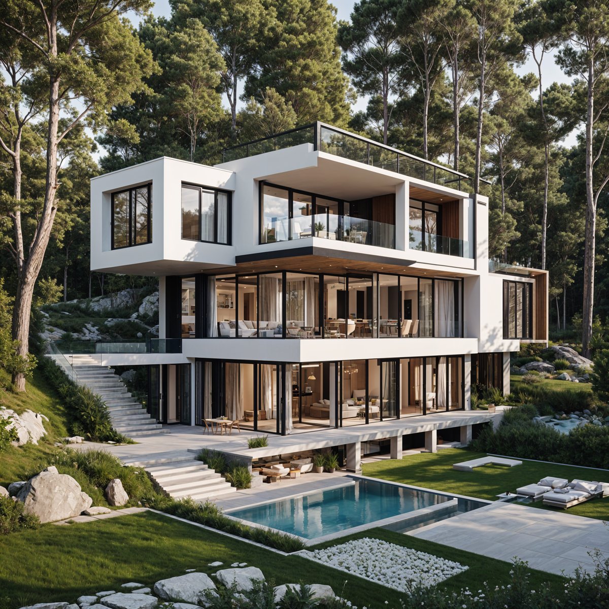 A large, modern house with a pool and deck. The house is surrounded by trees and has a spacious deck area. The design is sleek and contemporary, with a focus on openness and natural light.