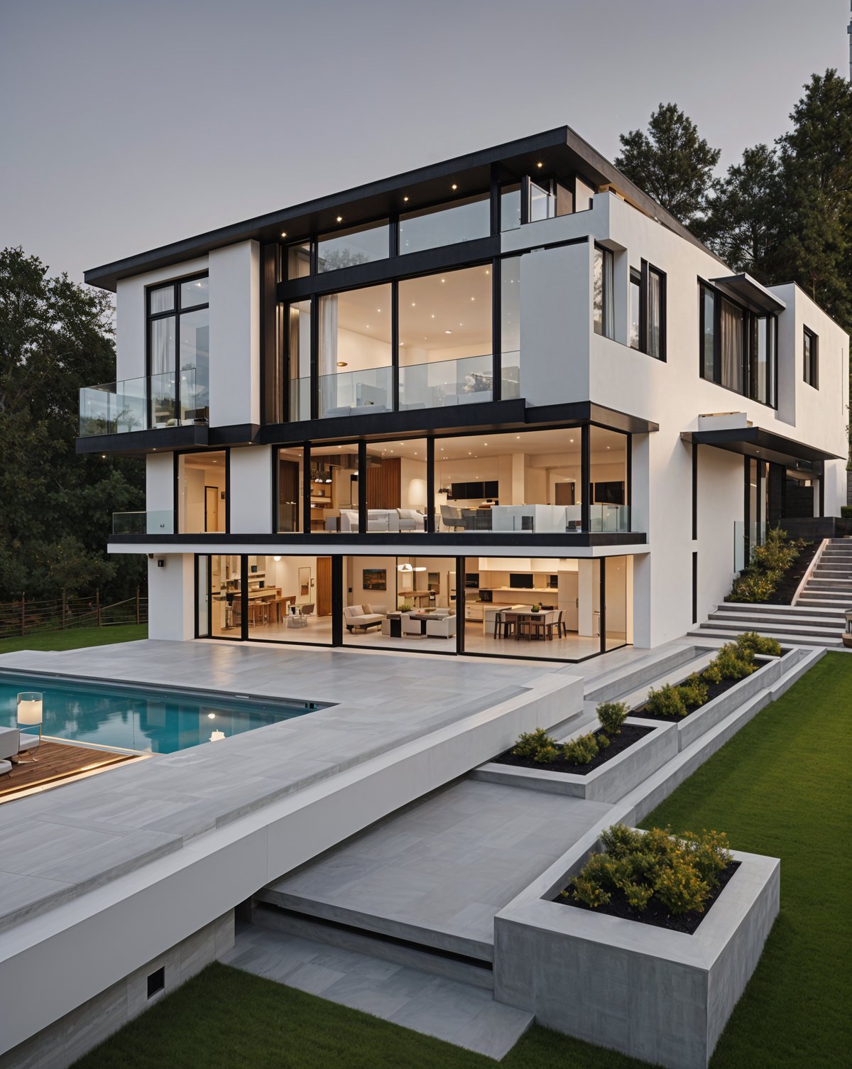 A modern house exterior with a large pool, a patio, and a staircase. The house has a white and black color scheme and features a large window on the second floor.