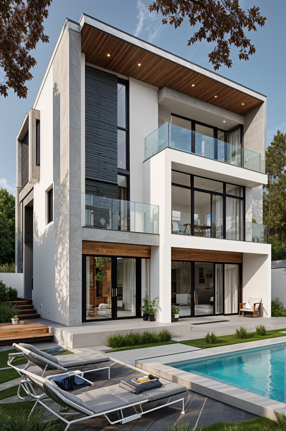 Modern house exterior with a glass balcony and a large pool in the front yard.