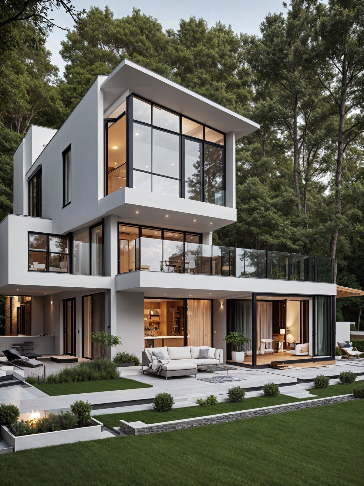 A modern house exterior with a white and glass design, featuring a large deck and a patio with a fire pit. The house is surrounded by trees and has a large window on the second story. The front of the house has a large glass wall, and the back of the house has a deck with a fire pit. The house is situated on a grassy area with a pond nearby.