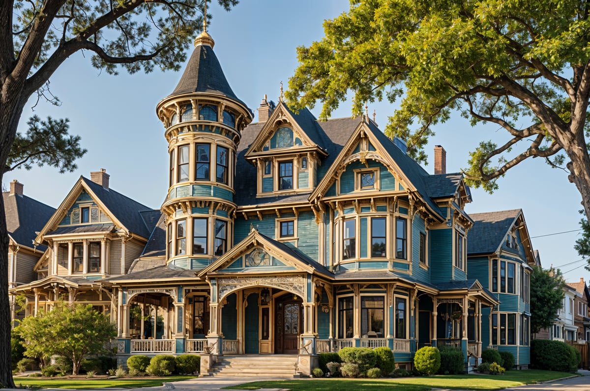 A large Victorian house with a green exterior, a steeple, and a wrap-around porch. The house is surrounded by trees and has a large front lawn.