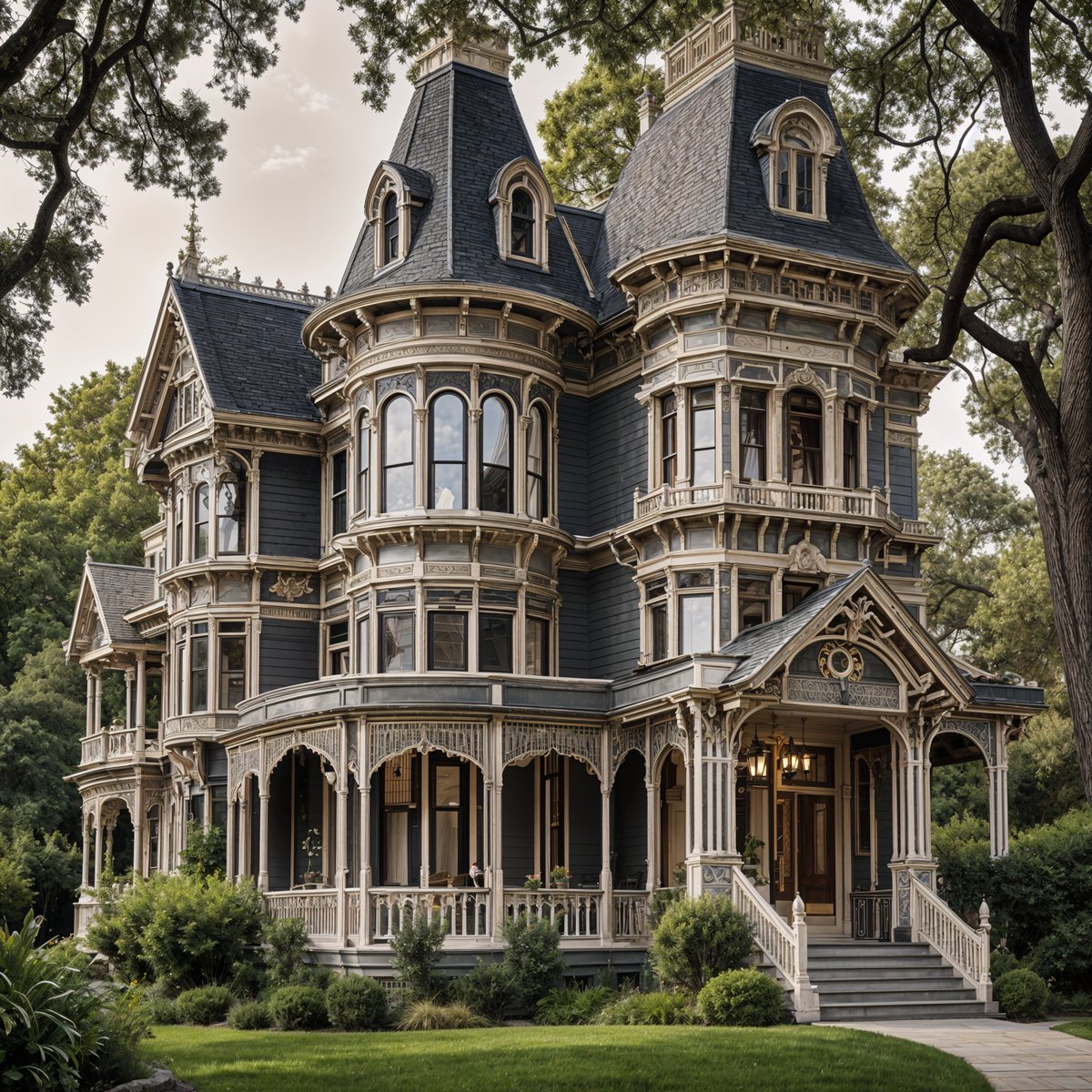 A large Victorian-style house with a wrap-around porch and a tower, painted in blue and white.