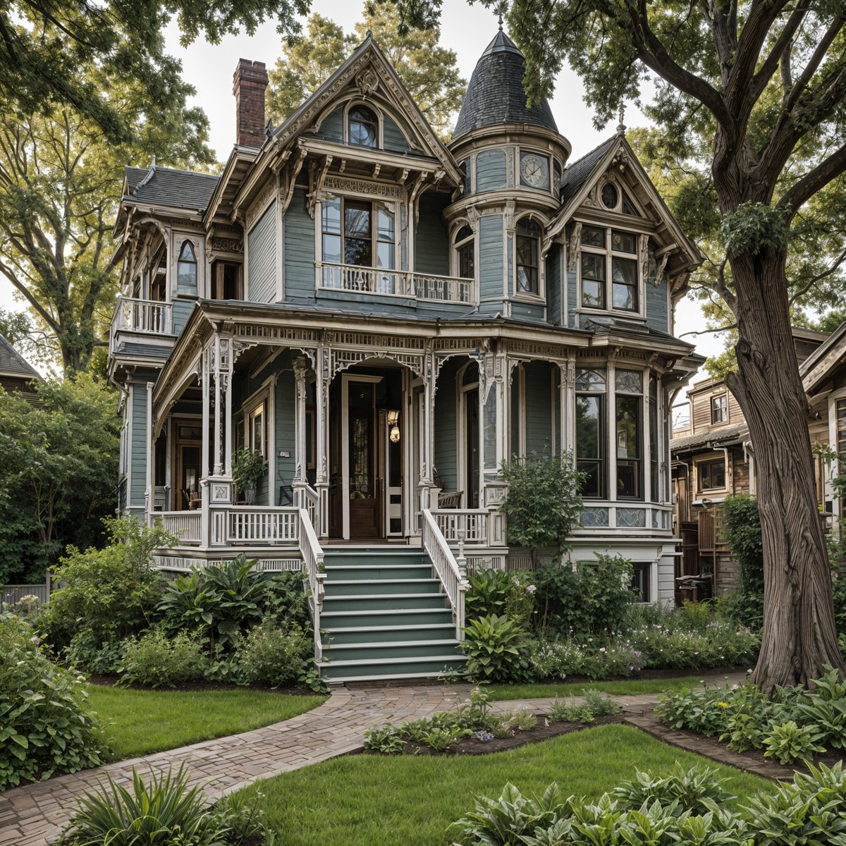 A large Victorian house with a green roof and a wrap-around porch. The house is surrounded by a garden and has a white exterior with green trim.