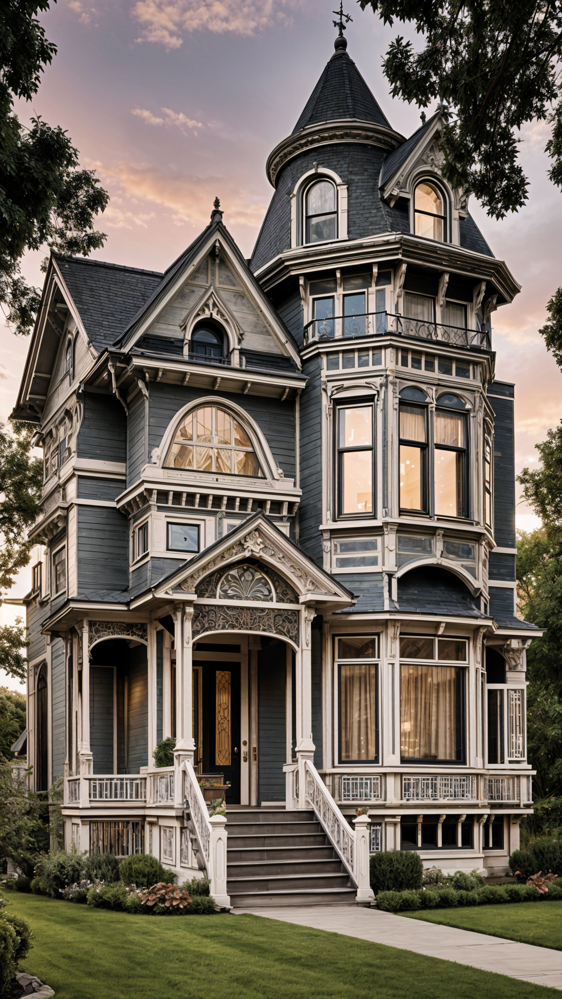 A large Victorian house with a wrap around porch and a tower. The house is painted in a dark blue color with white trim.