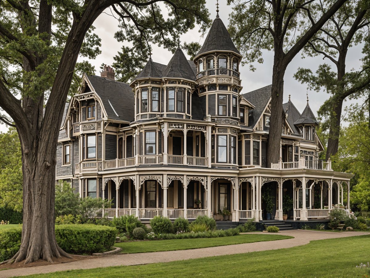 A large Victorian-style house with a wrap-around porch and a clock tower. The house is surrounded by trees and has a grassy lawn.