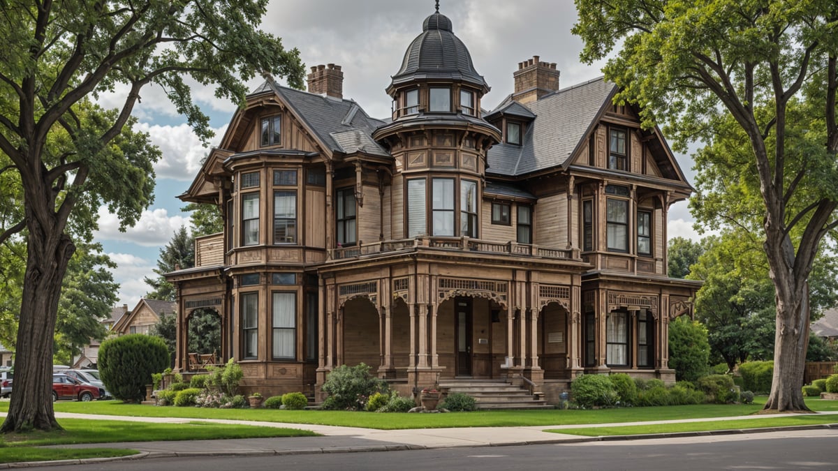 Victorian house exterior with a clock tower and a wrap around porch.