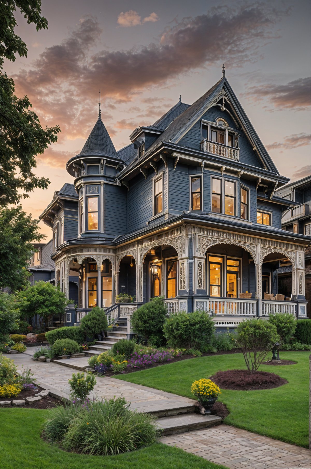 A large Victorian house with a wrap-around porch and a steep roof. The house is surrounded by a lush green lawn and features a variety of potted plants and flowers on the porch and lawn.