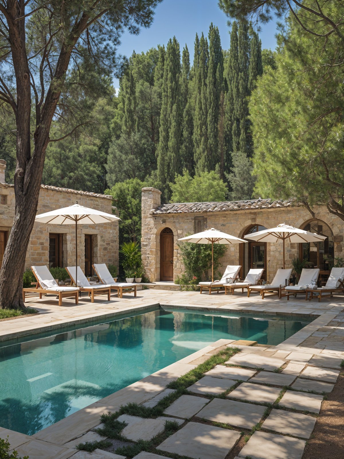 Mediterranean-style house with a pool and patio area. The patio is furnished with chairs and umbrellas.