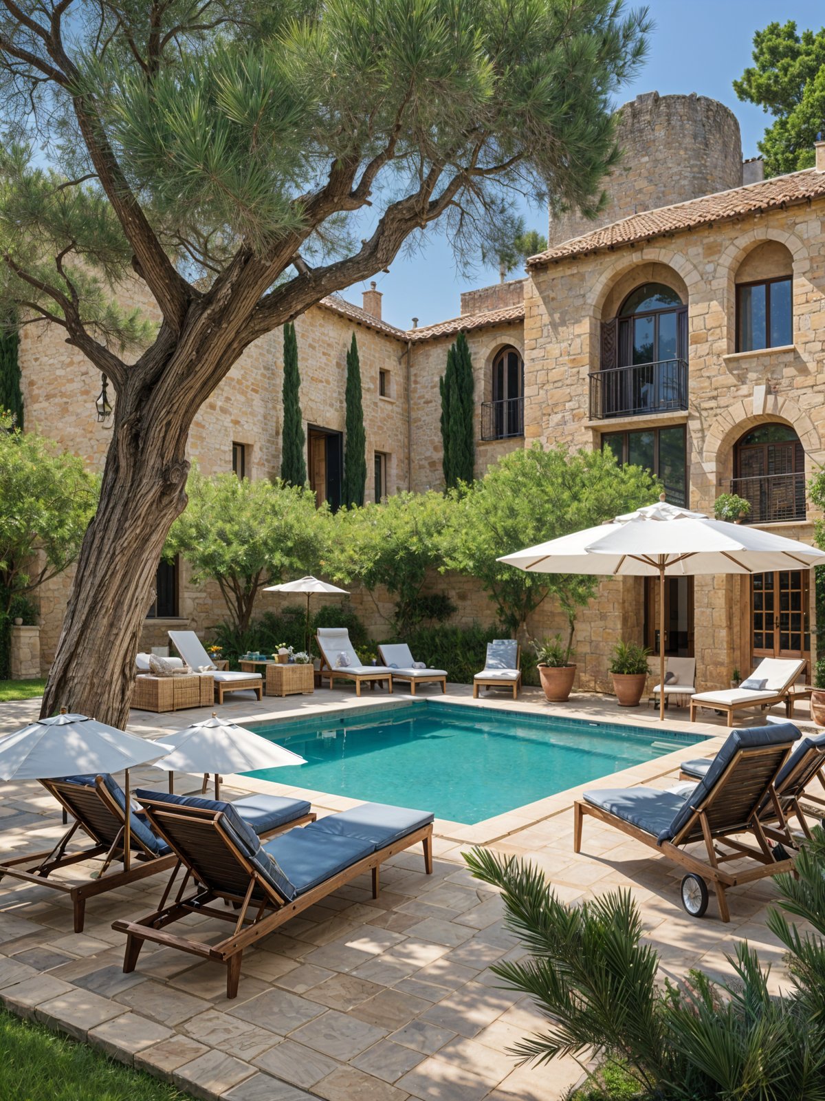 Mediterranean-style house with a pool, chairs, and umbrellas