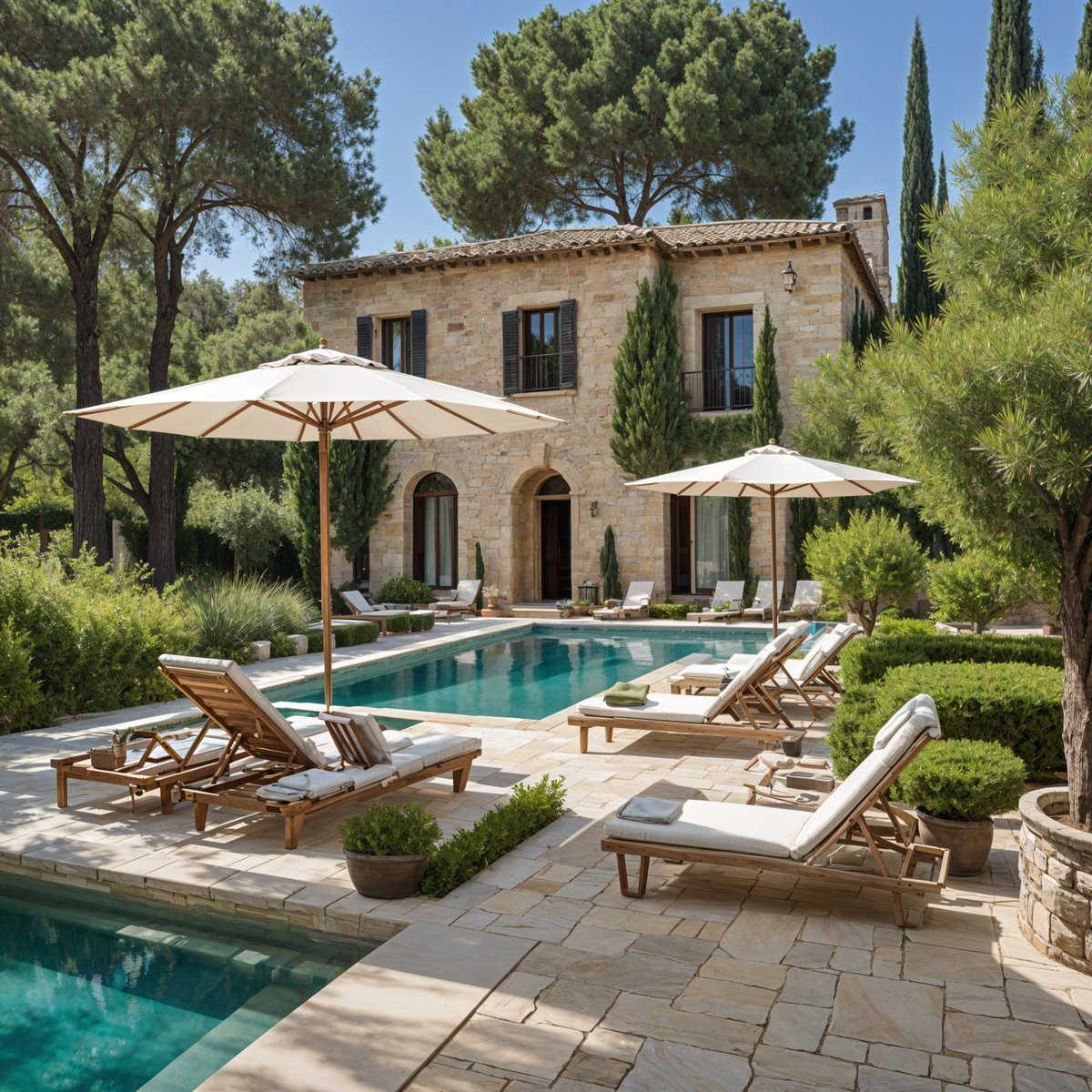 Mediterranean house exterior with pool and patio furniture