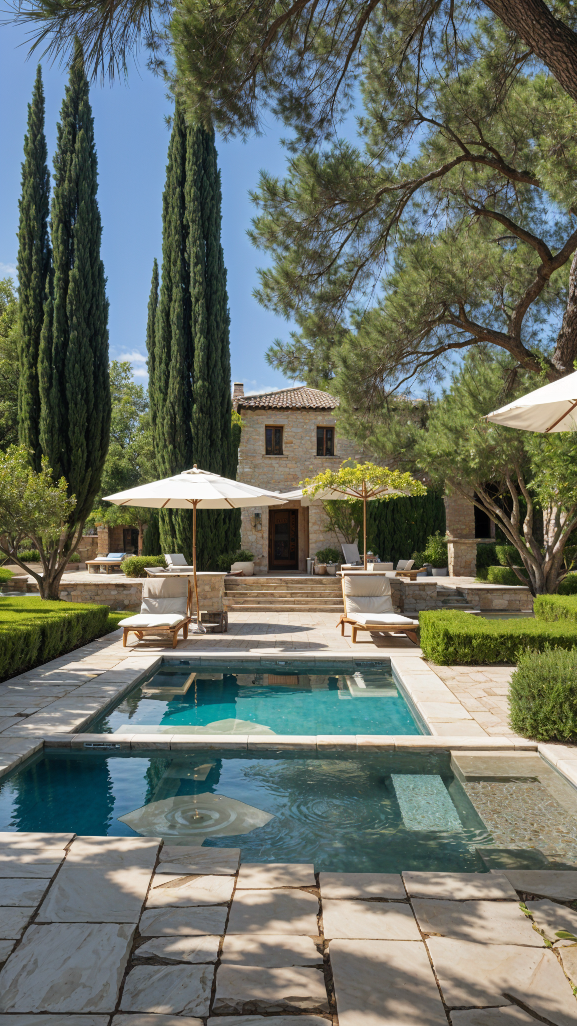 Mediterranean-style house with a large swimming pool and patio area. The patio is furnished with chairs and umbrellas, providing a comfortable outdoor space for relaxation and entertainment.