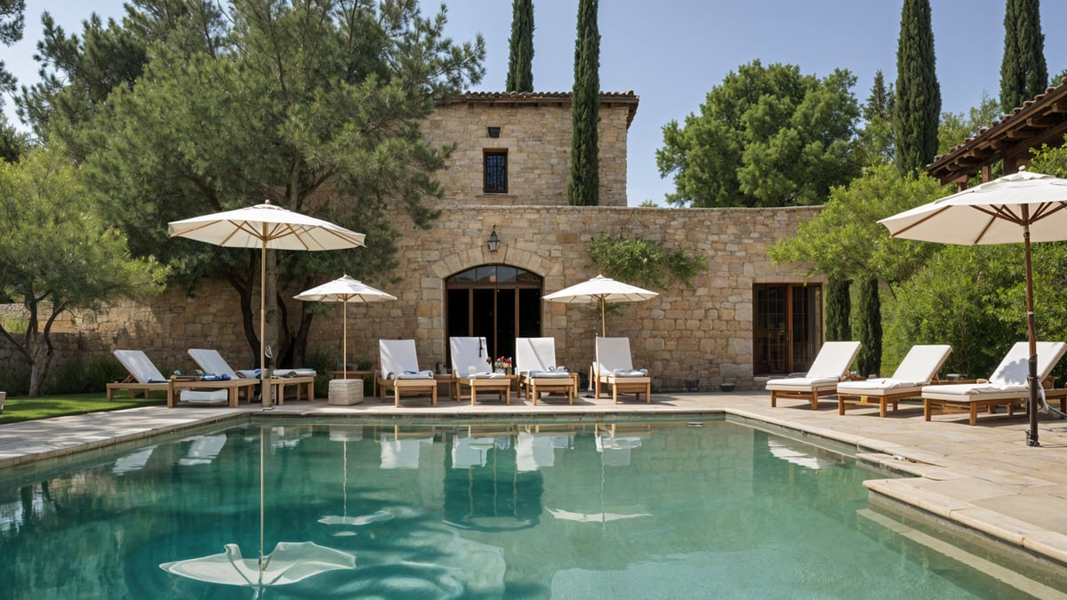 Mediterranean-style house exterior with a large swimming pool, chairs, and umbrellas