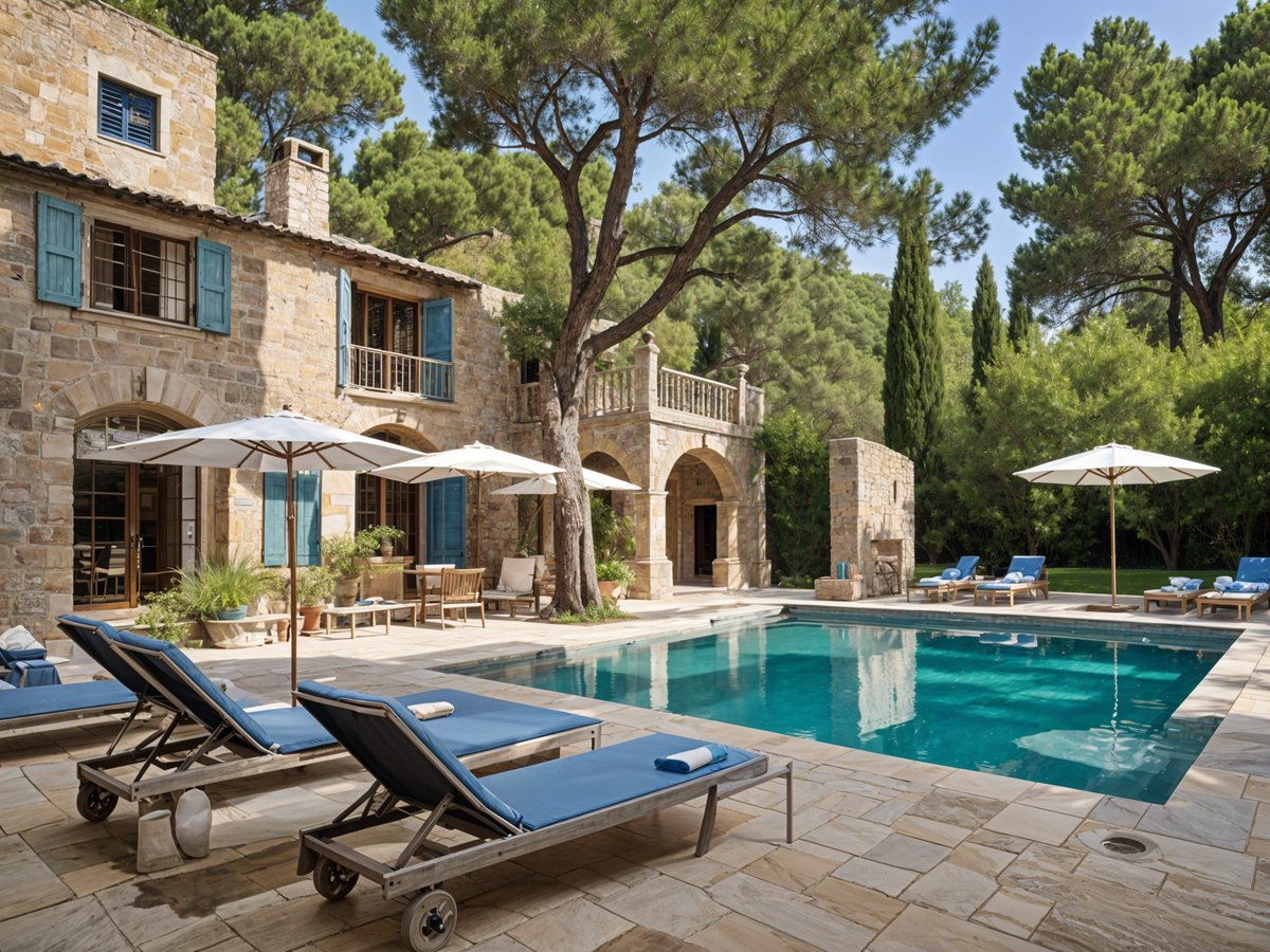 Mediterranean-style house with a large swimming pool and patio area, featuring several chairs and umbrellas.